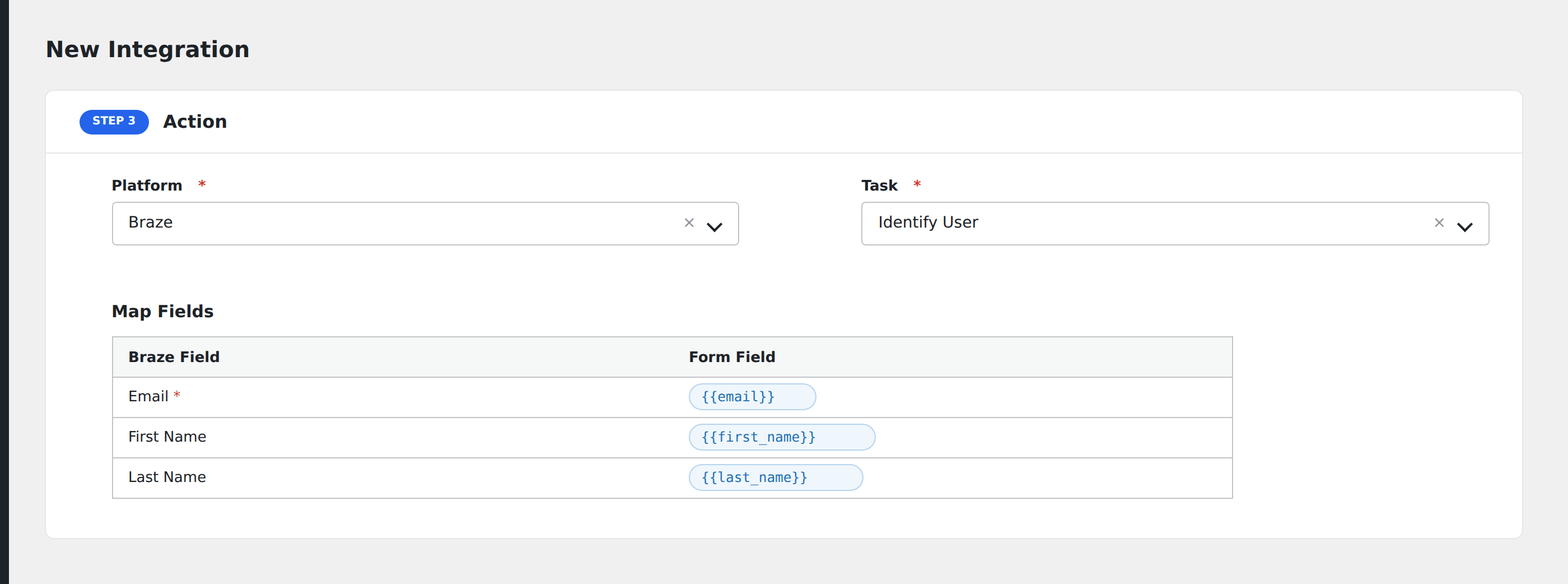 Screenshot: AFI field-mapping screen with Braze fields visible