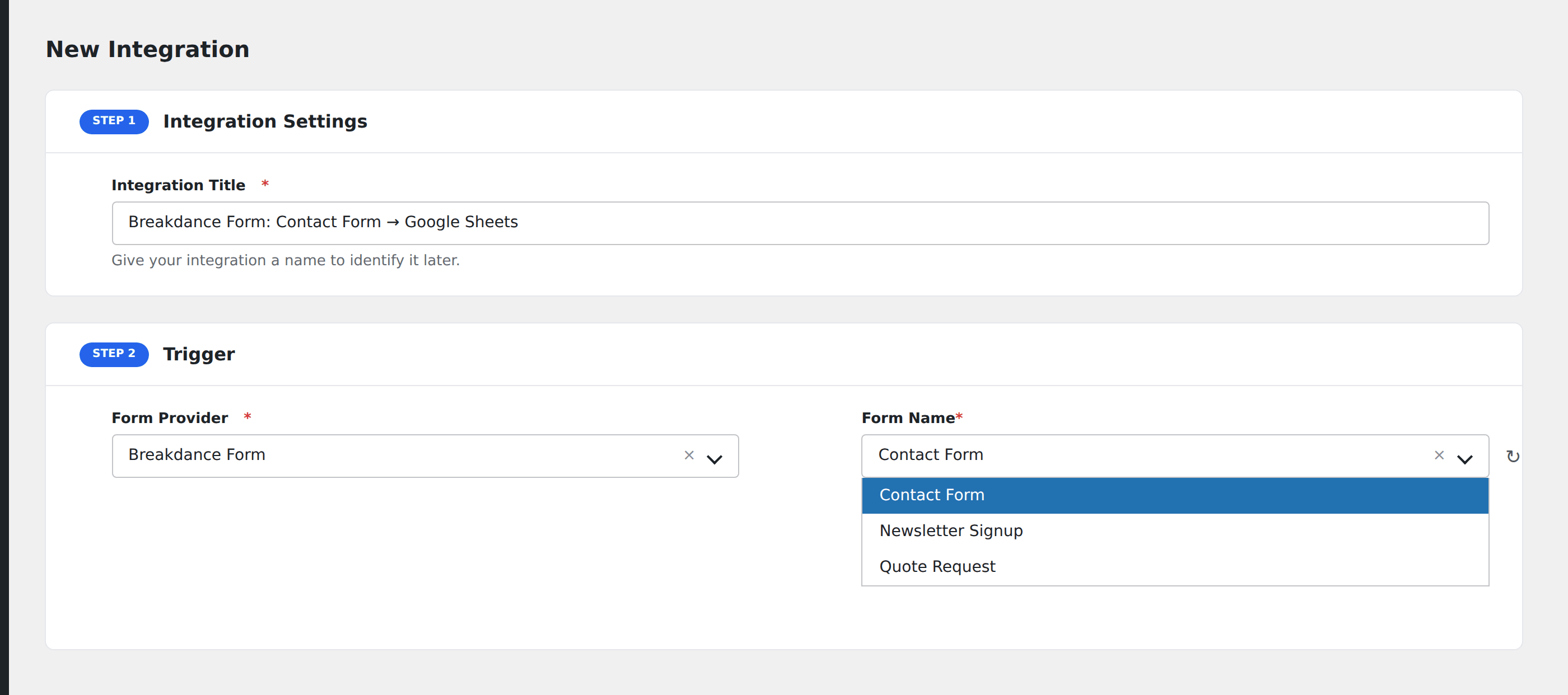 Screenshot: AFI Add New screen with Breakdance Form selected as the Form Provider, showing the Form/Task Name dropdown populated with Breakdance form IDs