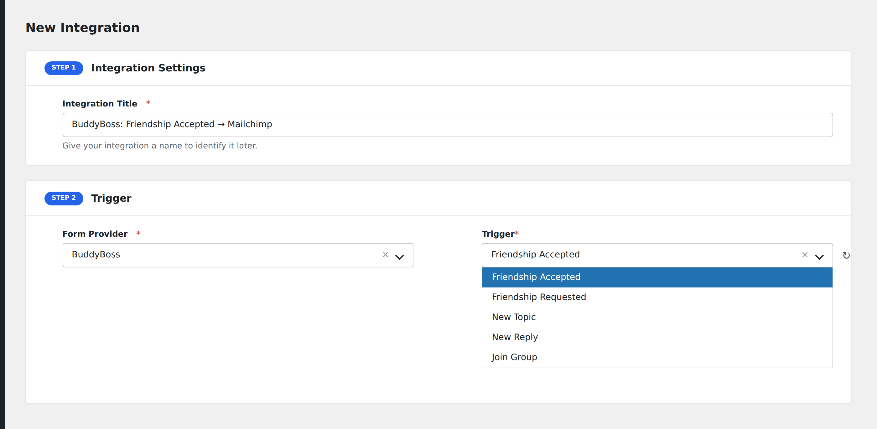 Screenshot: AFI Add New screen with BuddyBoss selected