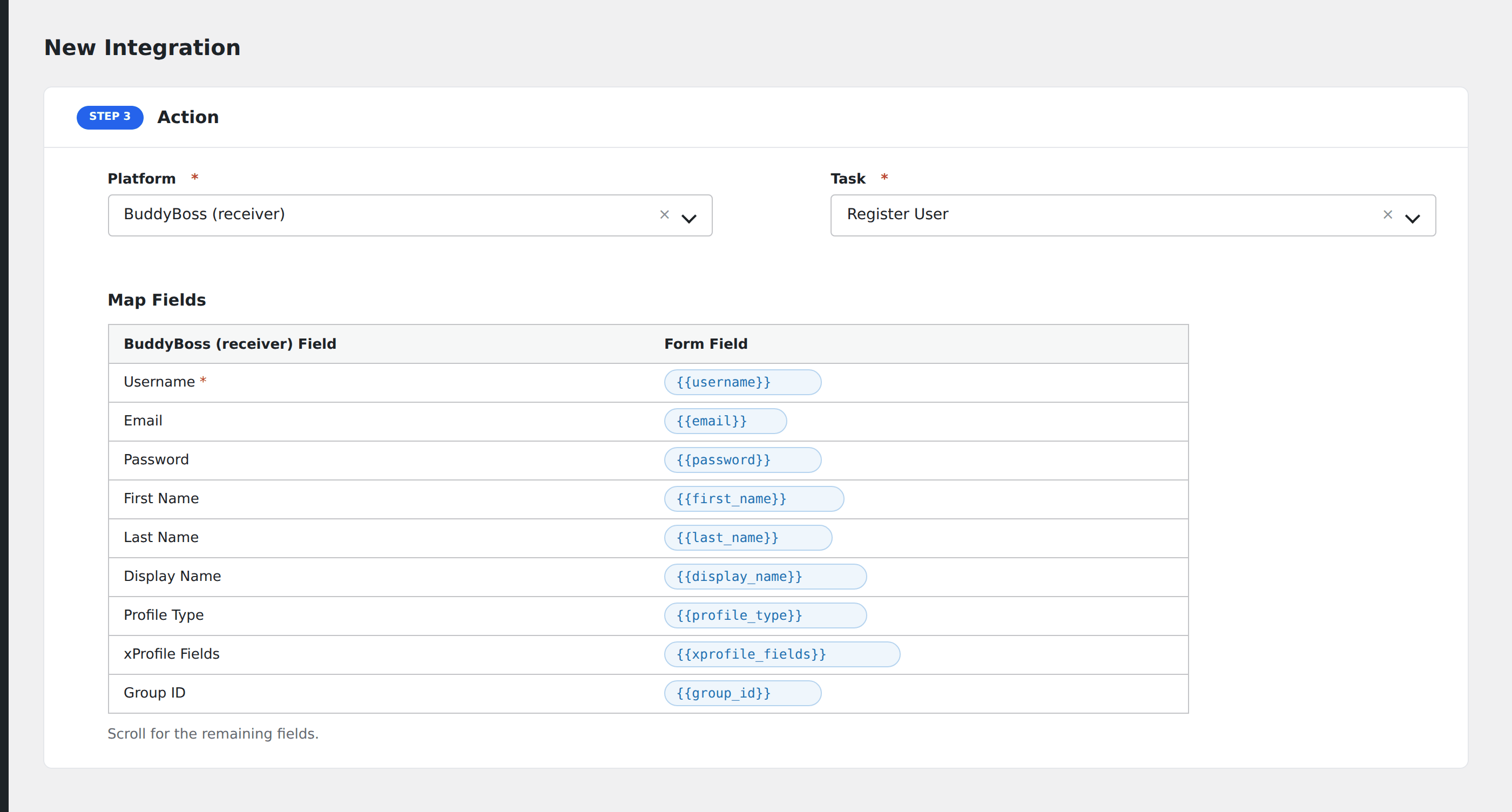 Screenshot: AFI field-mapping screen with BuddyBoss user-registration fields visible
