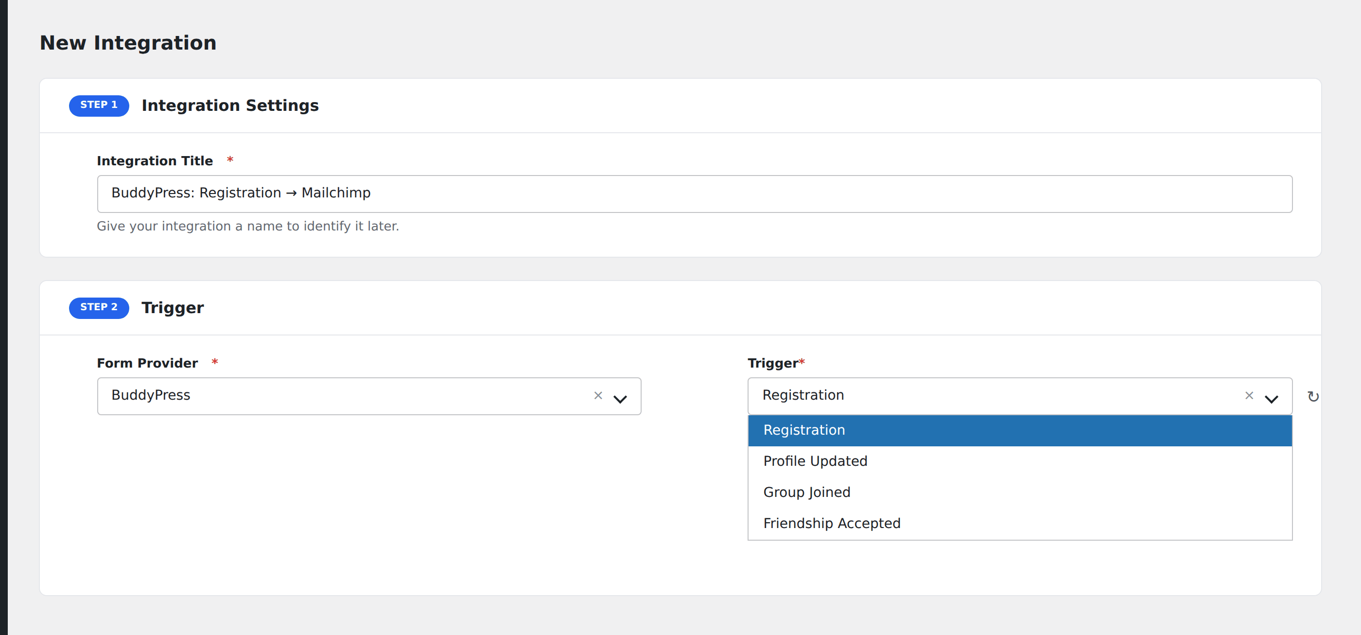 Screenshot: AFI Add New screen with BuddyPress selected and the available BuddyPress events