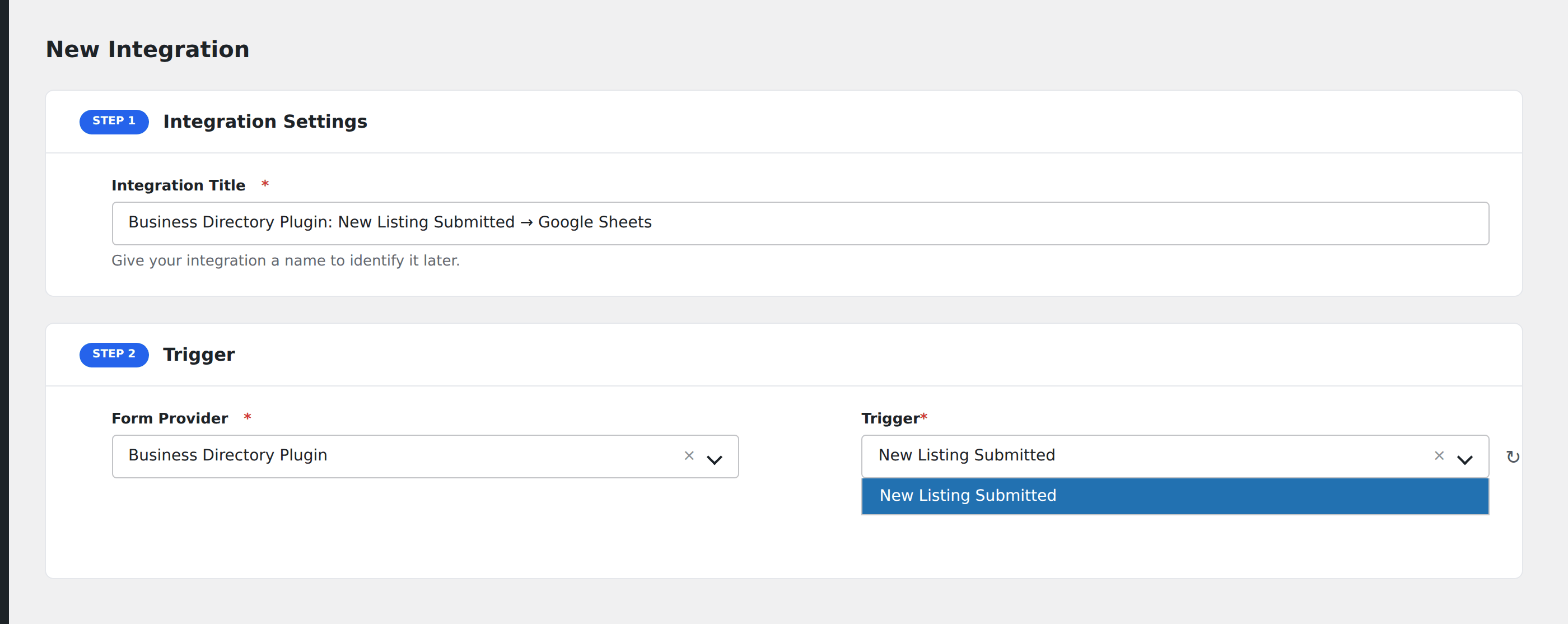 Screenshot: AFI Add New screen with Business Directory Plugin selected as the Form/Data Provider