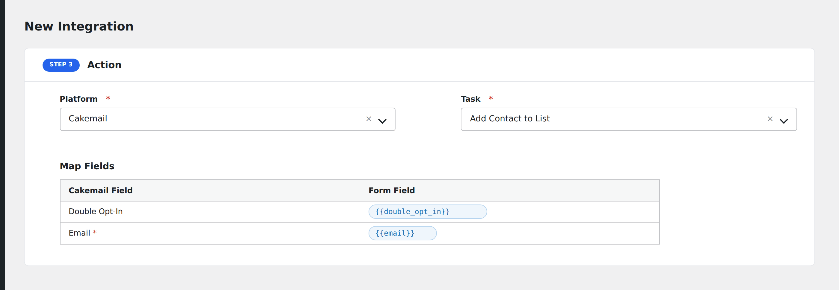 Screenshot: AFI field-mapping screen with Cakemail list and contact fields visible