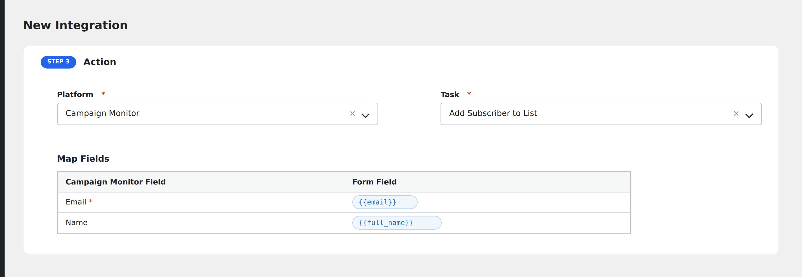 Screenshot: AFI field-mapping screen with Campaign Monitor list and subscriber fields visible