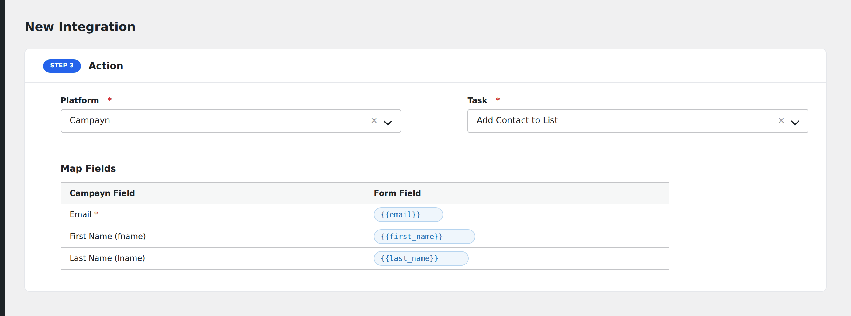 Screenshot: AFI field-mapping screen with Campayn account, list, and contact fields visible