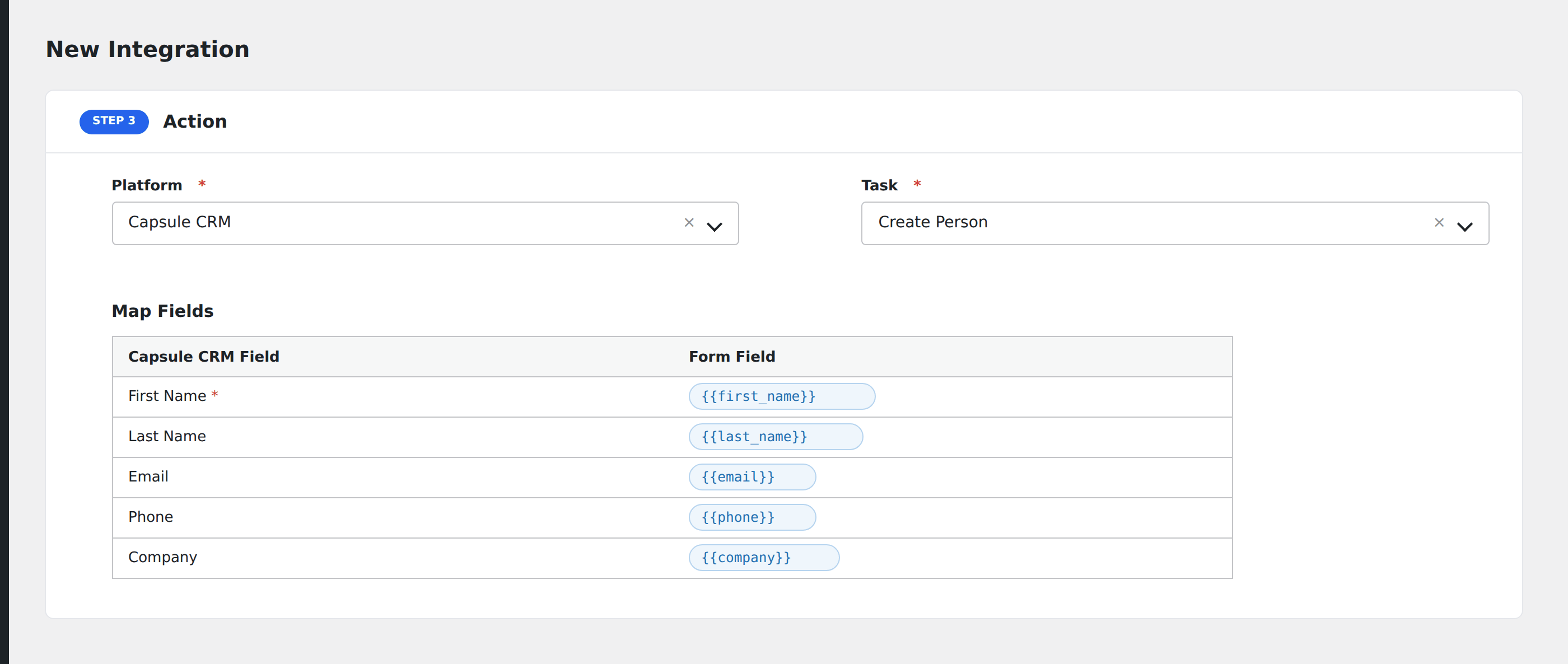 Screenshot: AFI field-mapping screen with Capsule CRM fields visible