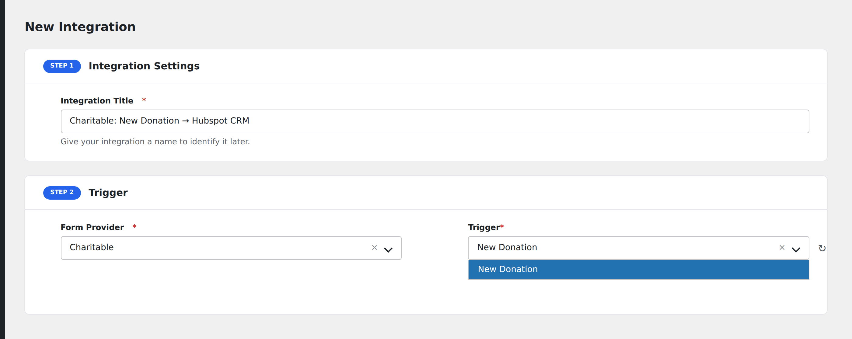 Screenshot: AFI Add New screen with Charitable selected and the donation fields available in the field-mapping section