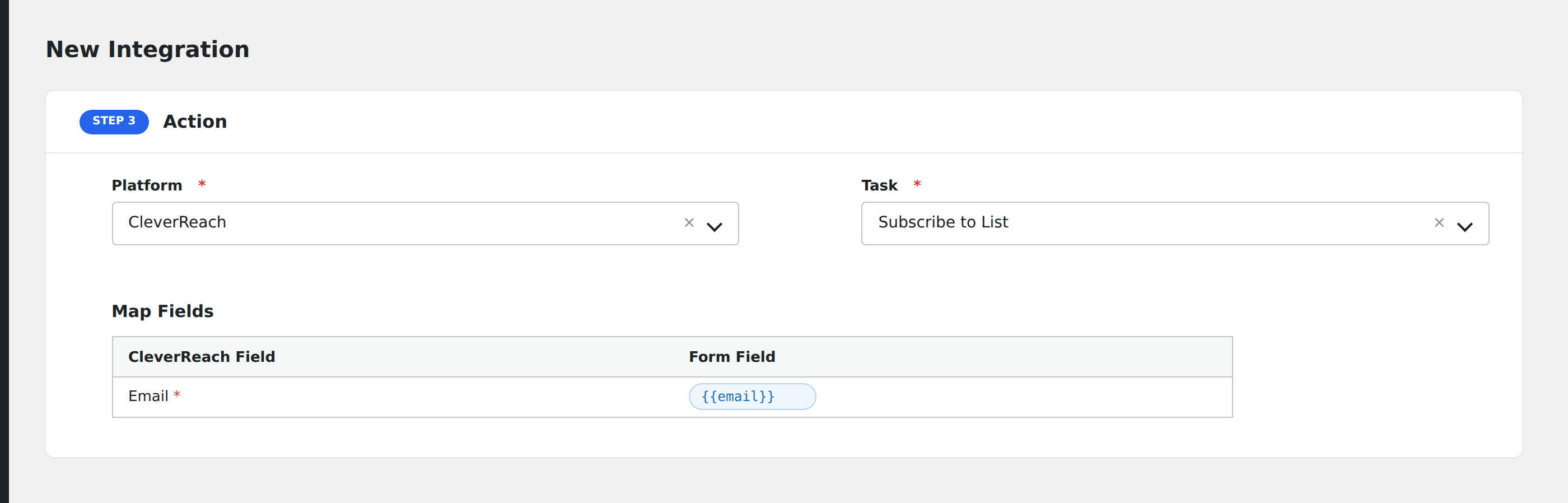 Screenshot: AFI field-mapping screen with CleverReach fields visible