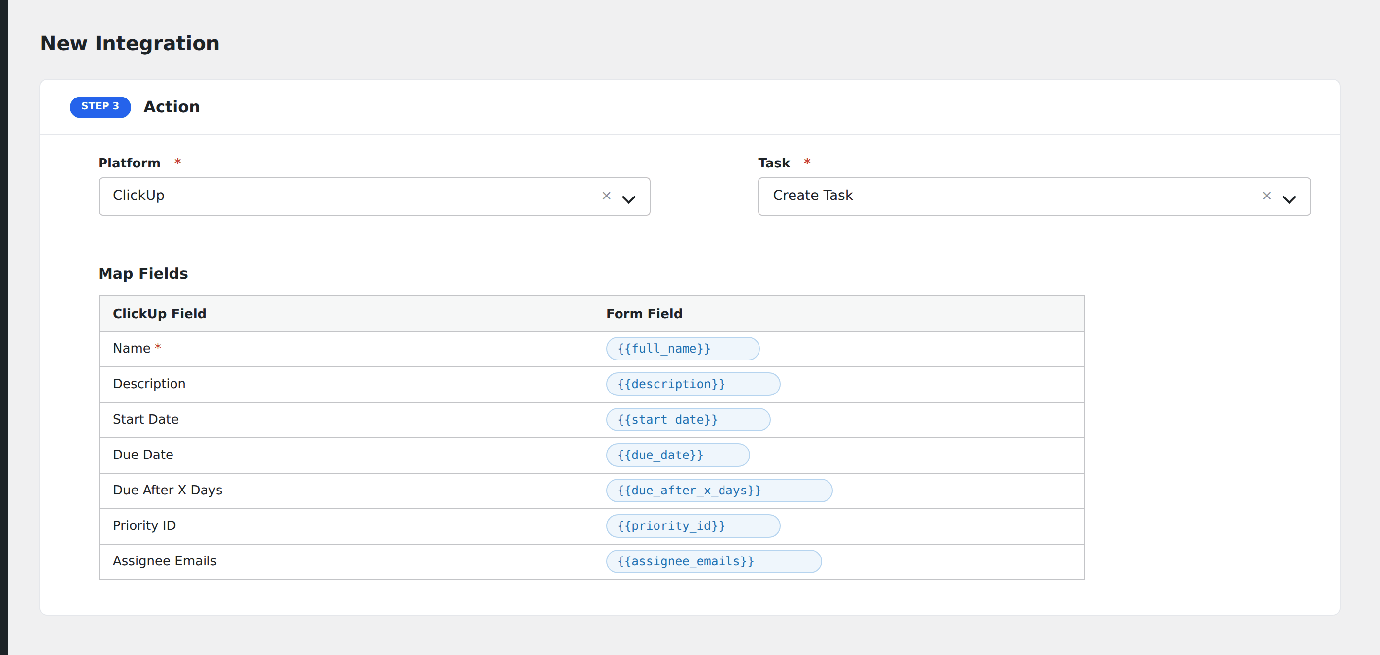 Screenshot: AFI field-mapping screen with ClickUp task fields visible