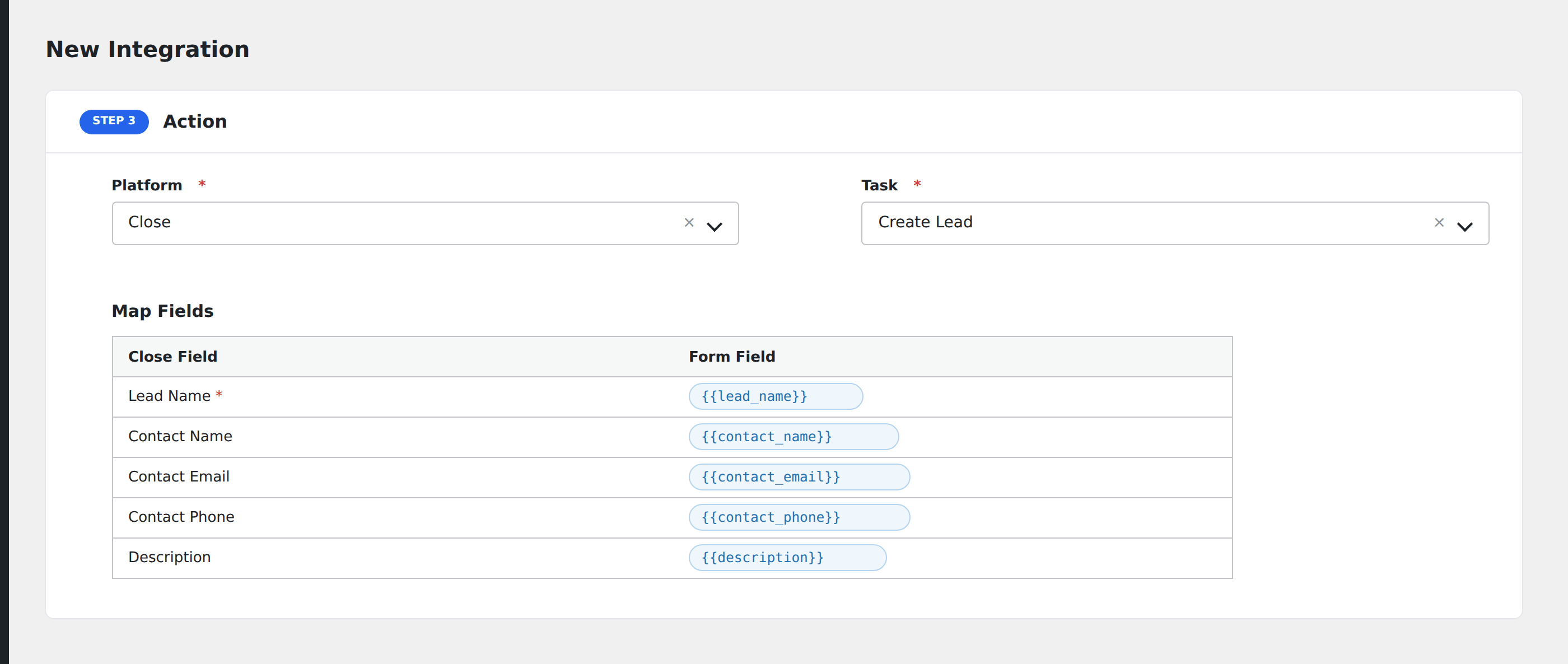 Screenshot: AFI field-mapping screen with Close fields visible