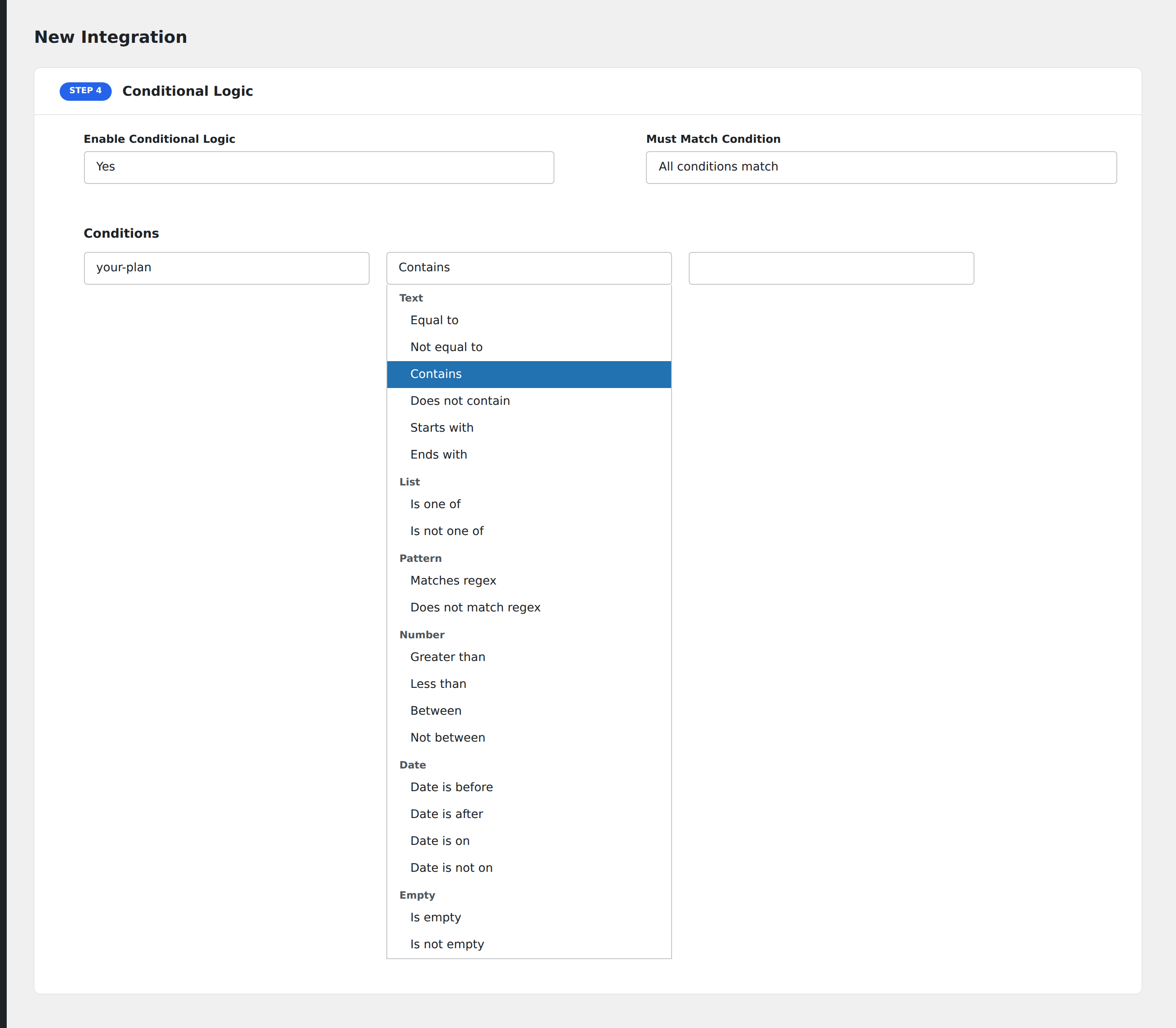 Screenshot: the AFI operator dropdown open, showing the Text, List, Pattern, Number, Date and Empty groups