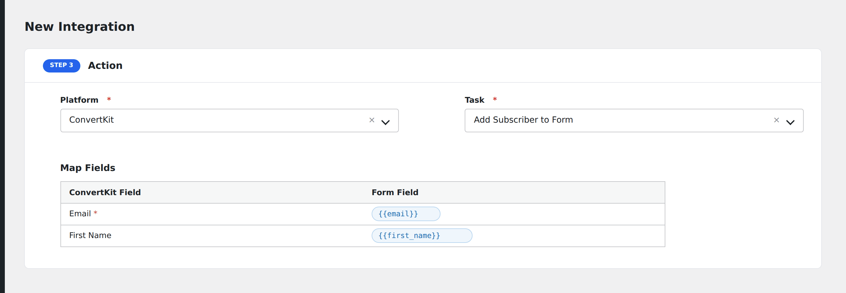 Screenshot: AFI field-mapping screen with ConvertKit subscriber fields visible