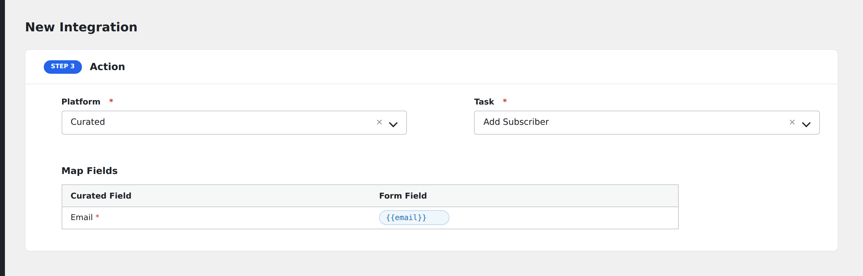 Screenshot: AFI field-mapping screen with Curated email field visible