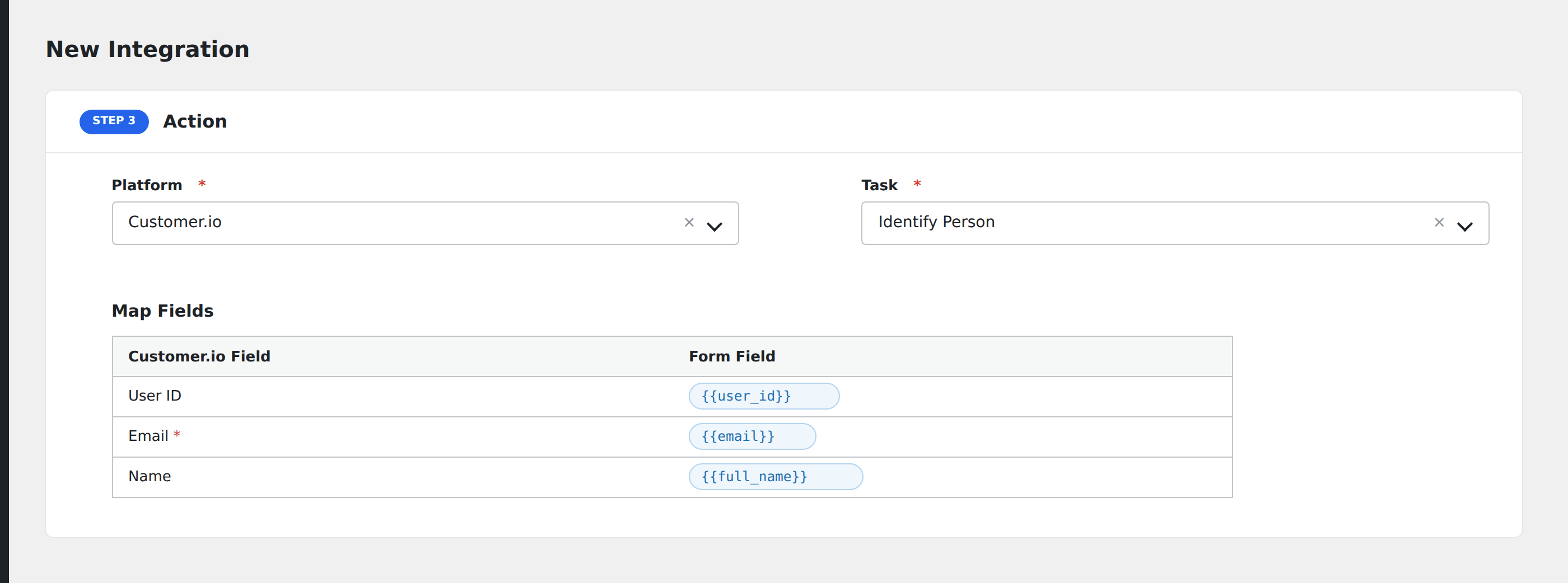 Screenshot: AFI field-mapping screen with Customer.io person fields visible