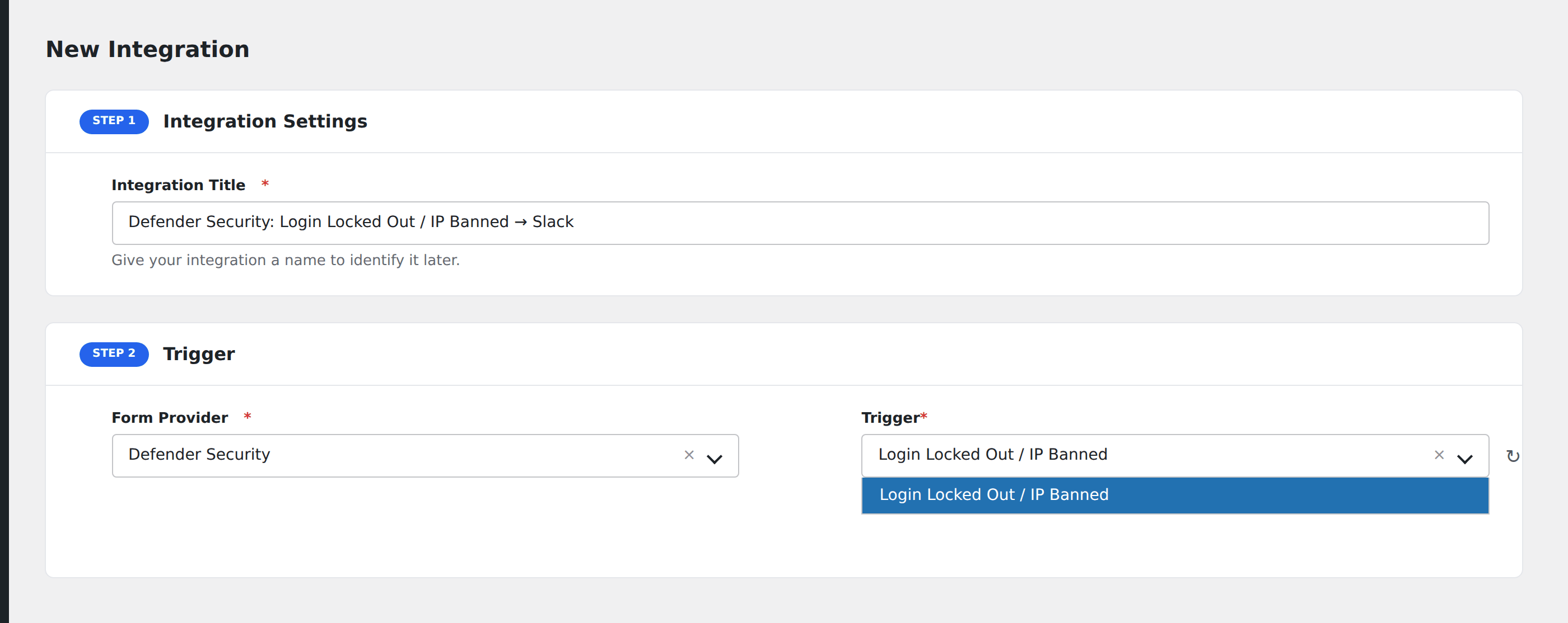 Screenshot: AFI Add New screen with Defender Security selected as the Form/Data Provider