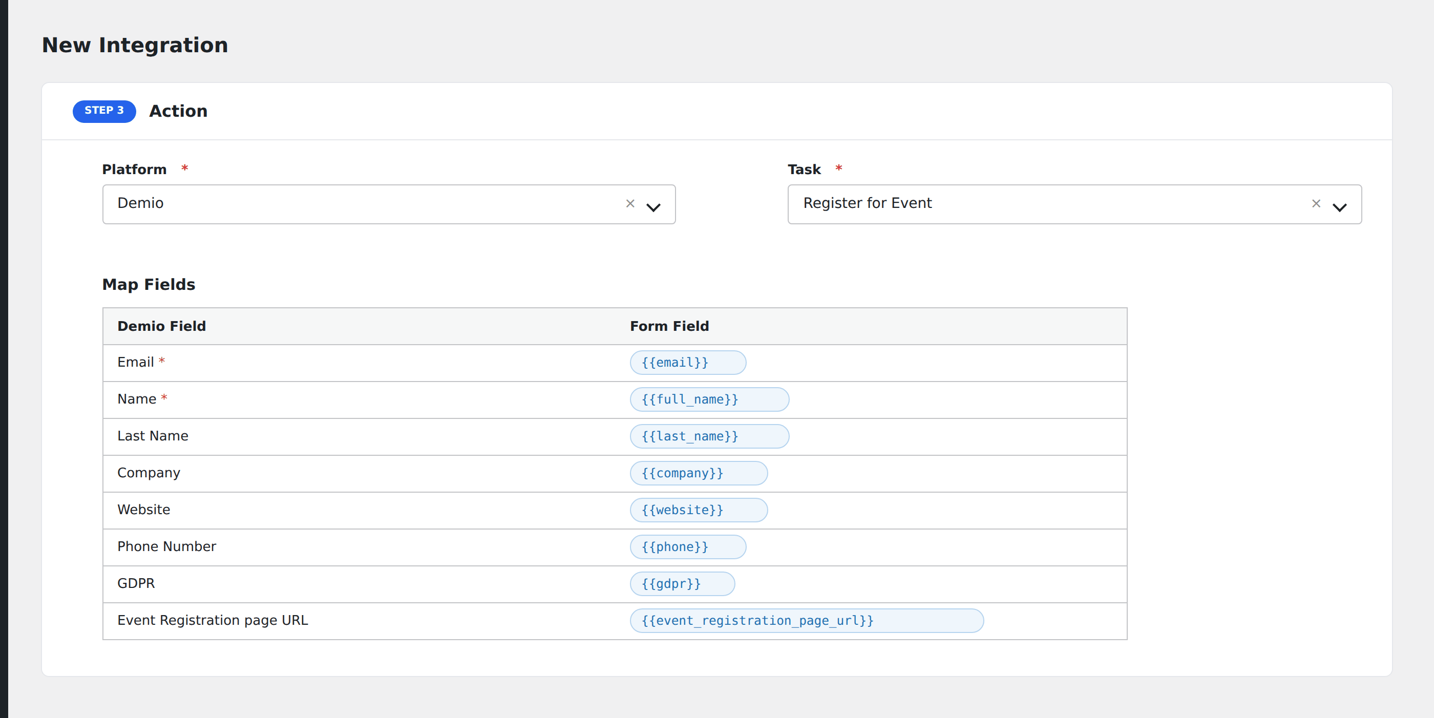 Screenshot: AFI field-mapping screen with Demio fields visible