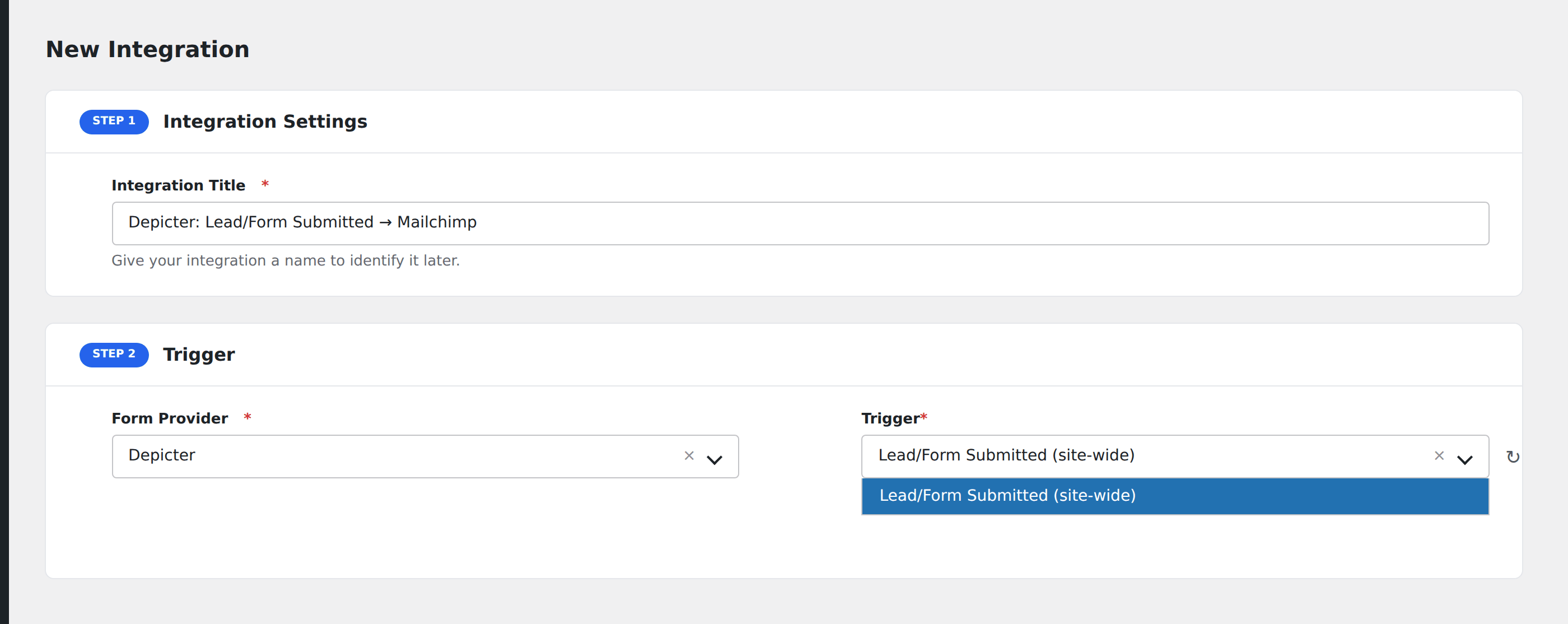 Screenshot: AFI Add New screen with Depicter selected as the Form/Data Provider