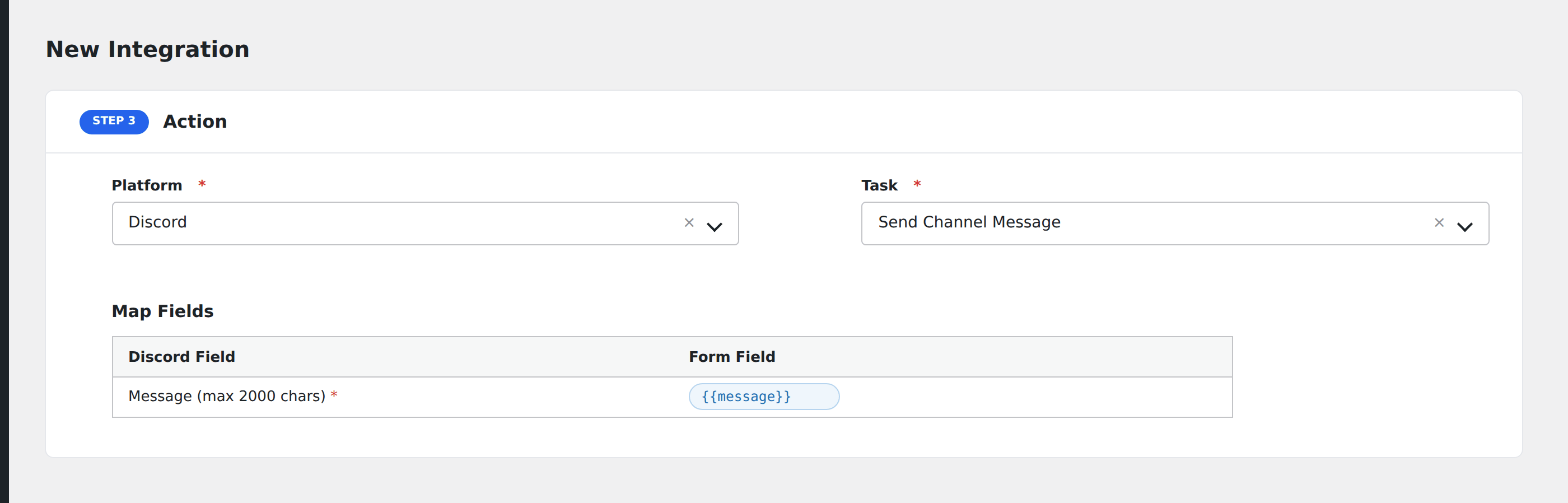 Screenshot: AFI Add New screen with Discord selected, the Webhook URL field populated, and a message field with form-field tokens like "New signup from {your-name}"