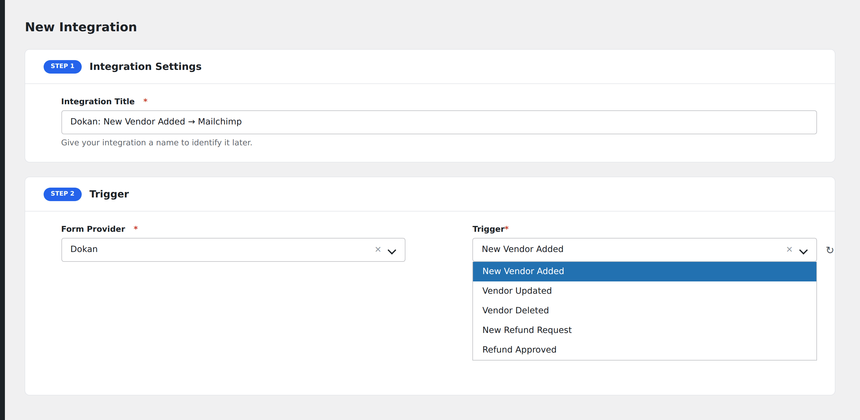 Screenshot: AFI Add New screen with Dokan selected as the Form Provider, showing the available Dokan events