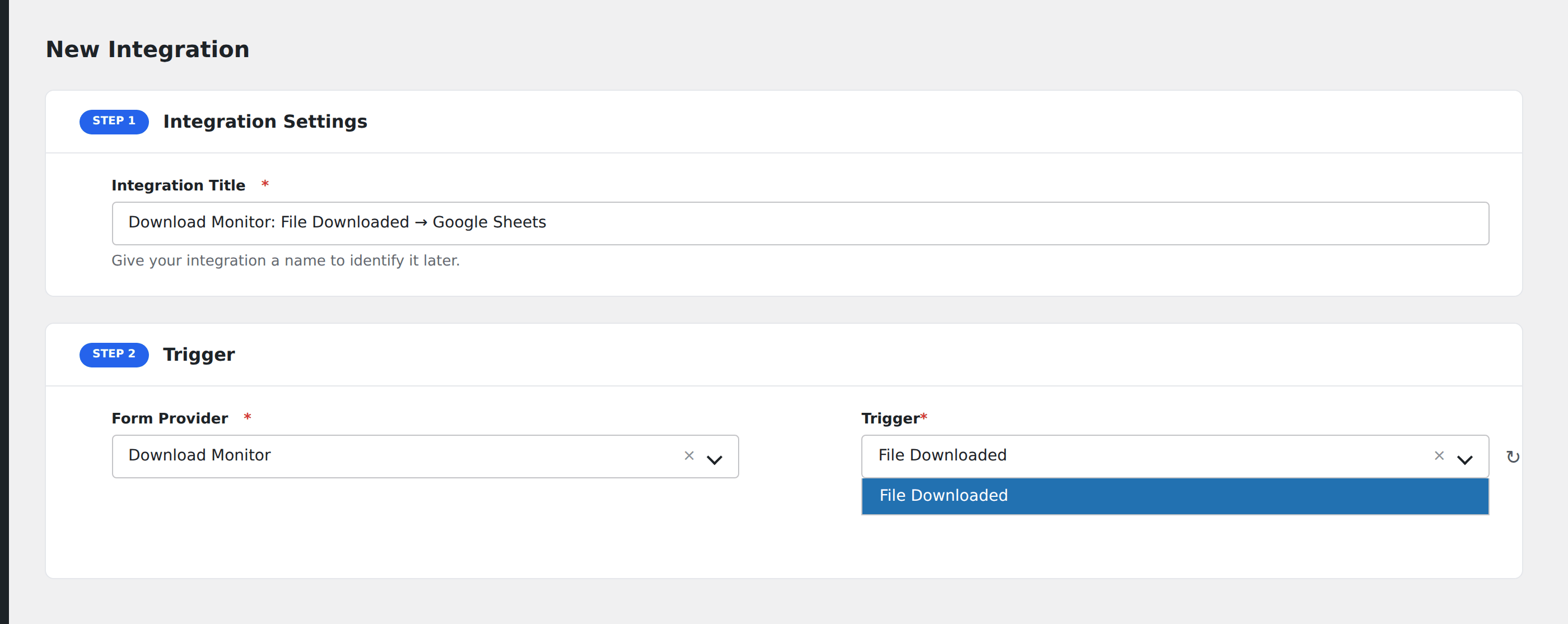 Screenshot: AFI Add New screen with Download Monitor selected as the Form/Data Provider