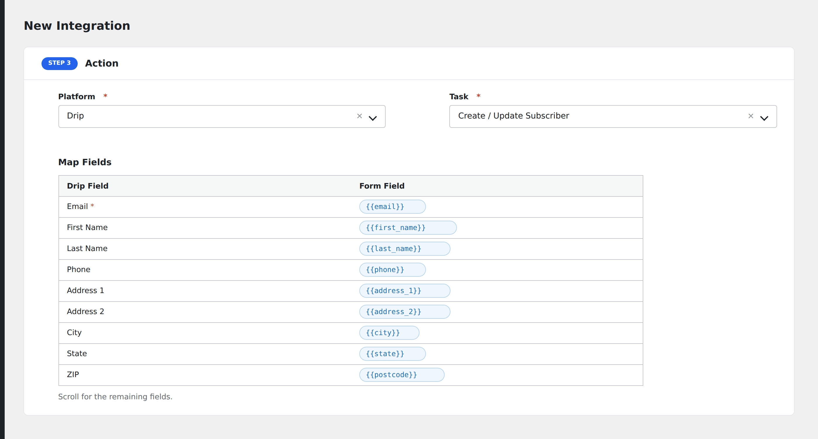 Screenshot: AFI field-mapping screen with Drip fields visible
