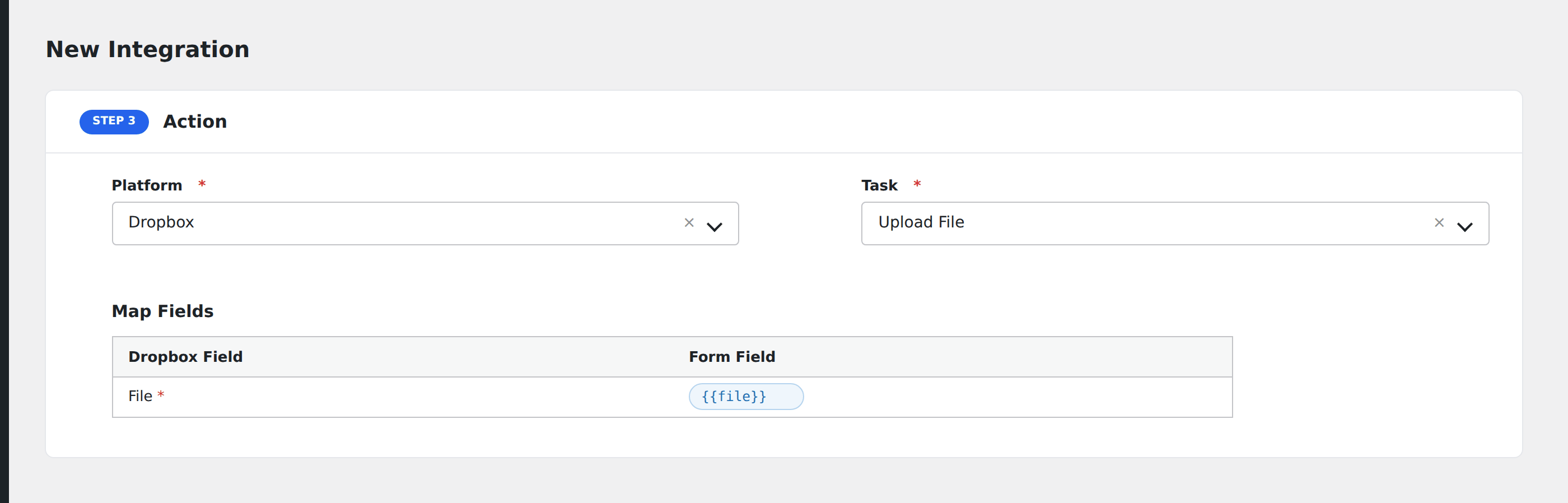 Screenshot: AFI Add New screen with Dropbox selected, File Path and File Content fields populated