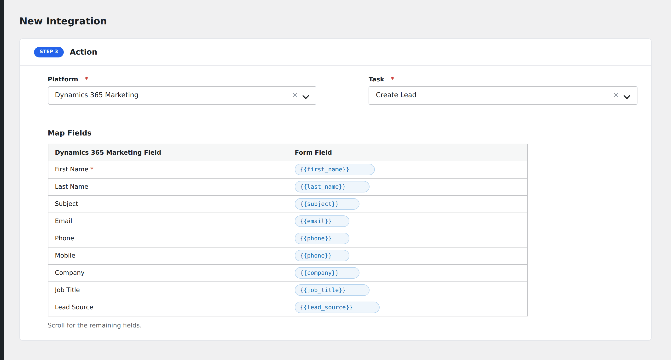 Screenshot: AFI field-mapping screen with Dynamics 365 Marketing lead fields visible