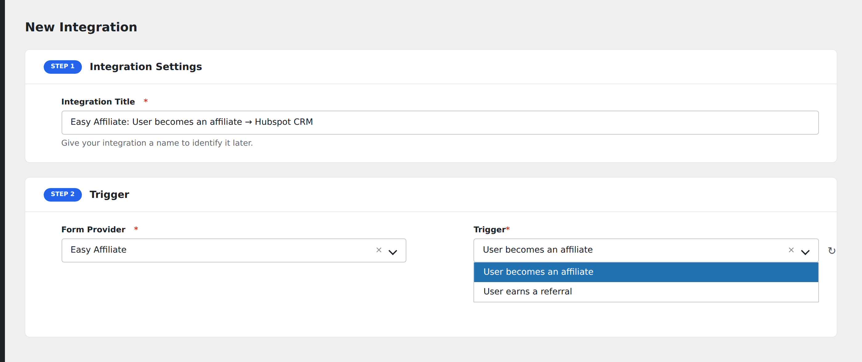 Screenshot: AFI Add New screen with Easy Affiliate selected
