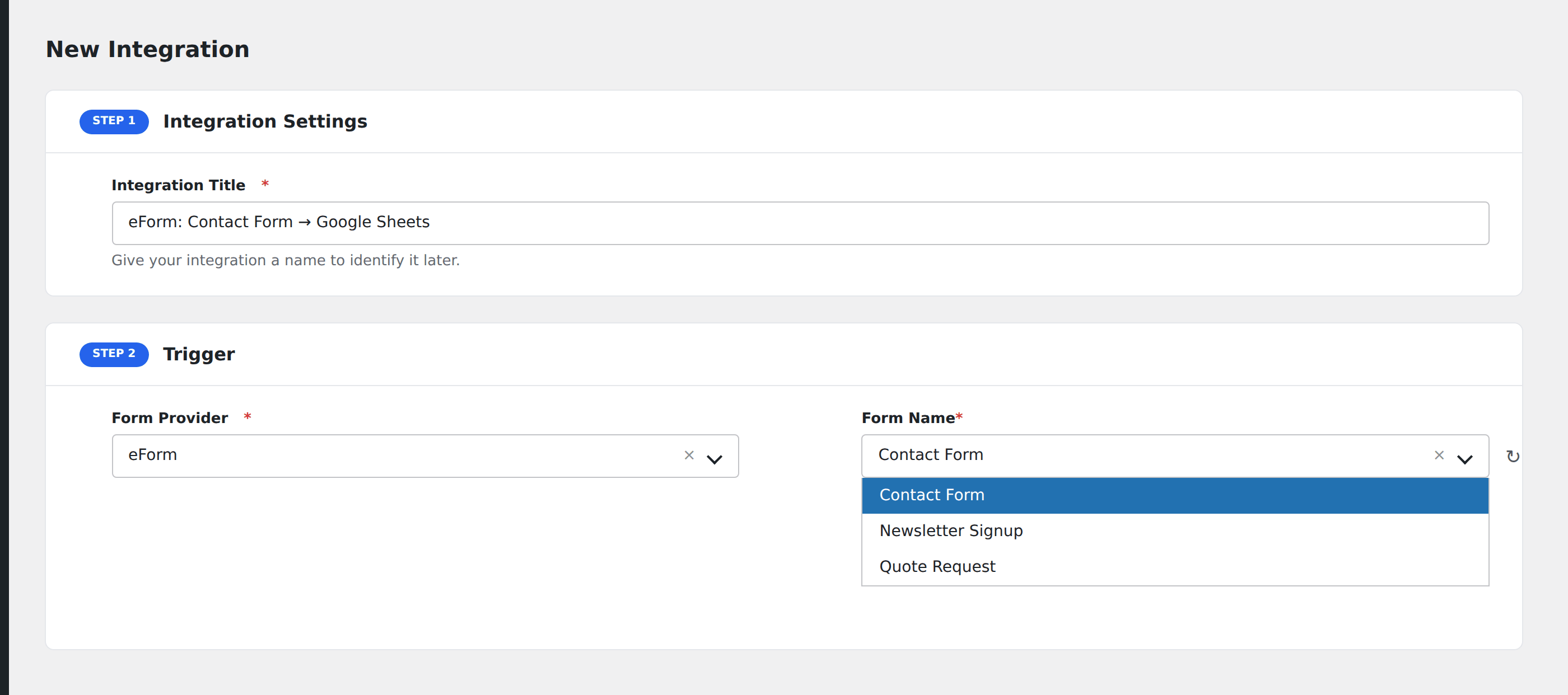 Screenshot: AFI Add New screen with eForm selected