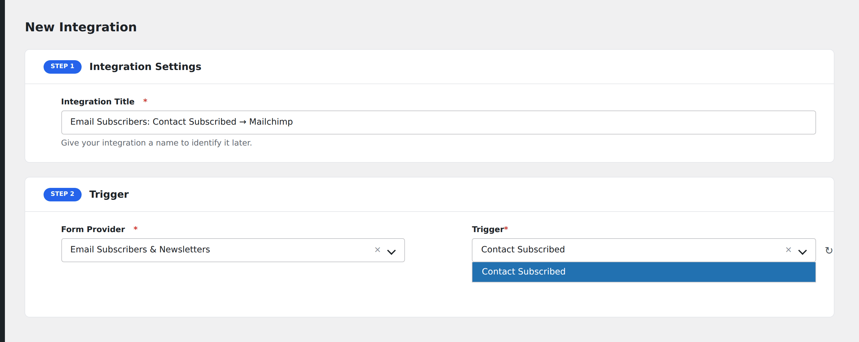 Screenshot: AFI Add New screen with Email Subscribers selected as the Form/Data Provider