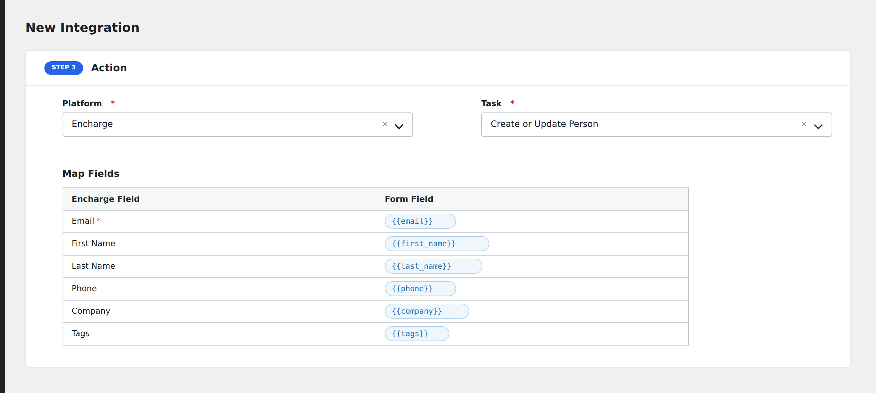 Screenshot: AFI field-mapping screen with Encharge fields visible
