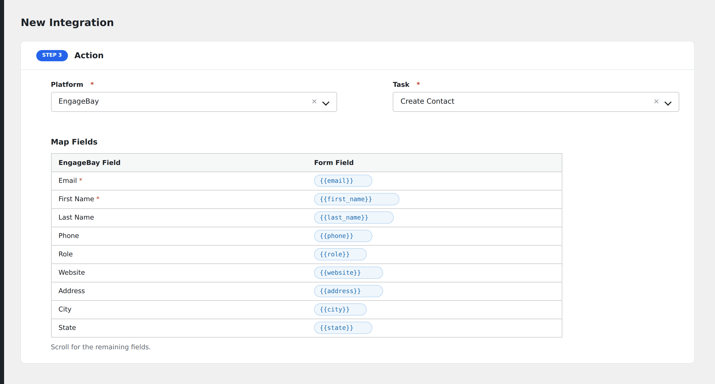 Screenshot: AFI field-mapping screen with EngageBay fields visible