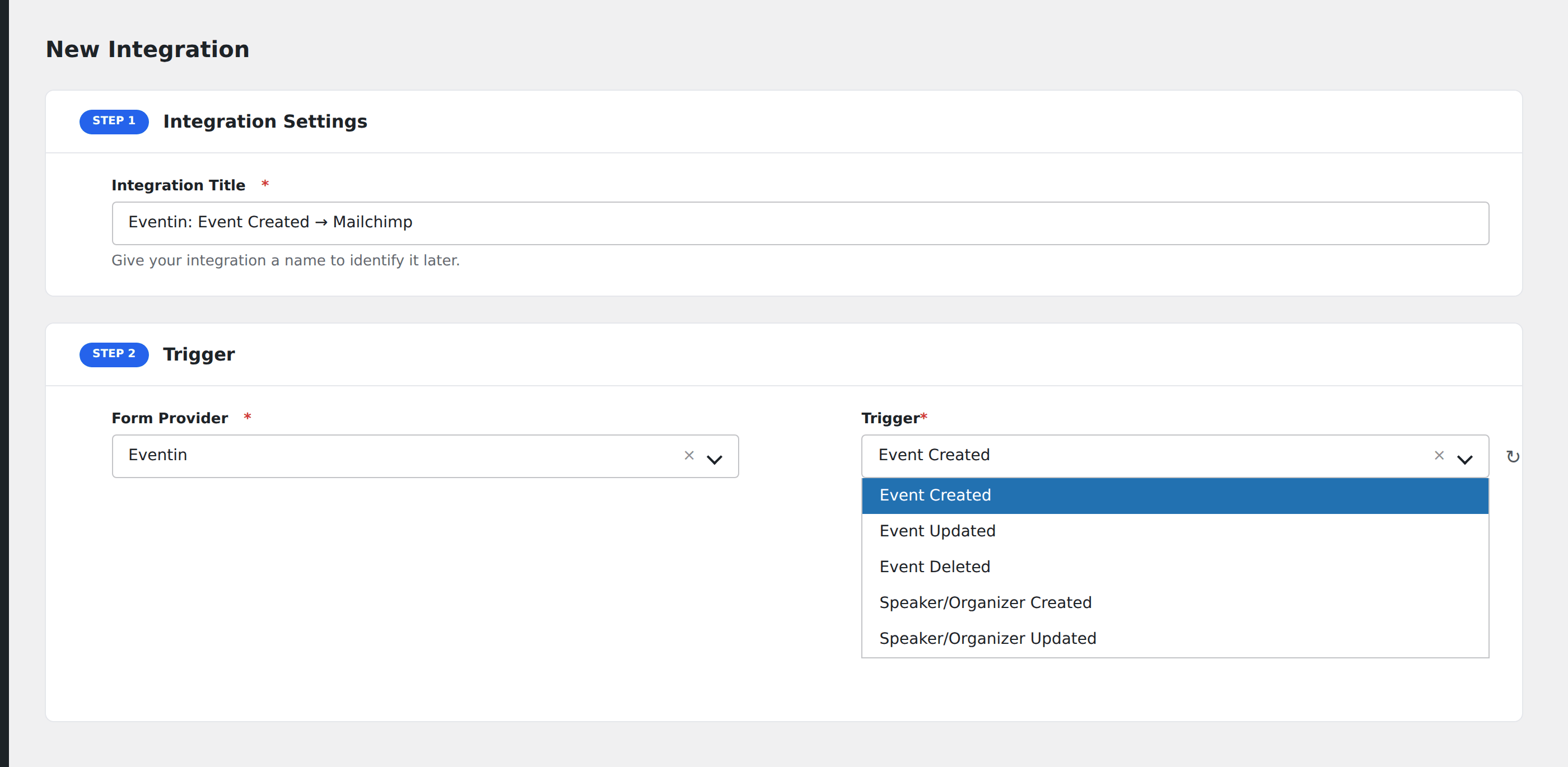 Screenshot: AFI Add New screen with Eventin selected as the Form Provider, showing the Form/Task Name dropdown listing events