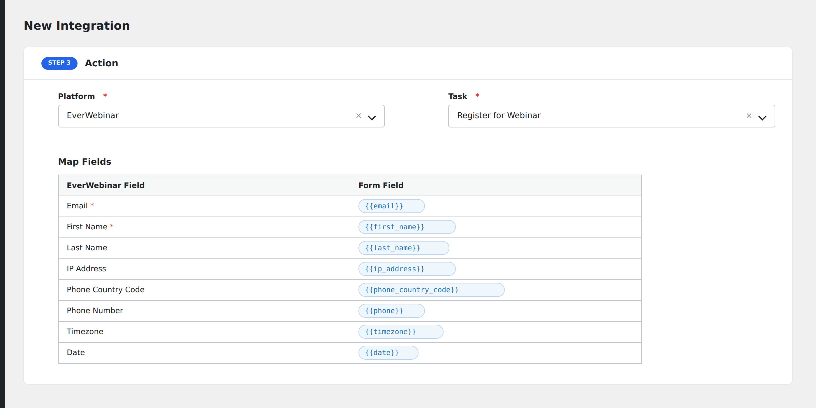 Screenshot: AFI field-mapping screen with EverWebinar fields visible