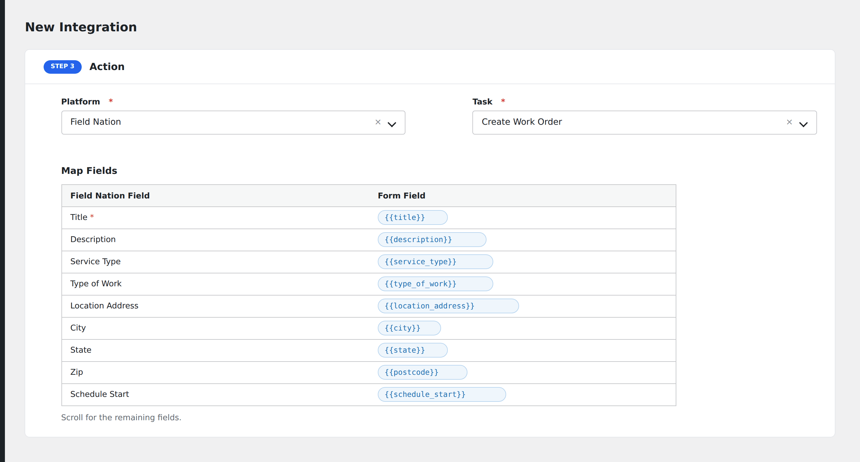 Screenshot: AFI field-mapping screen with Field Nation work order fields visible