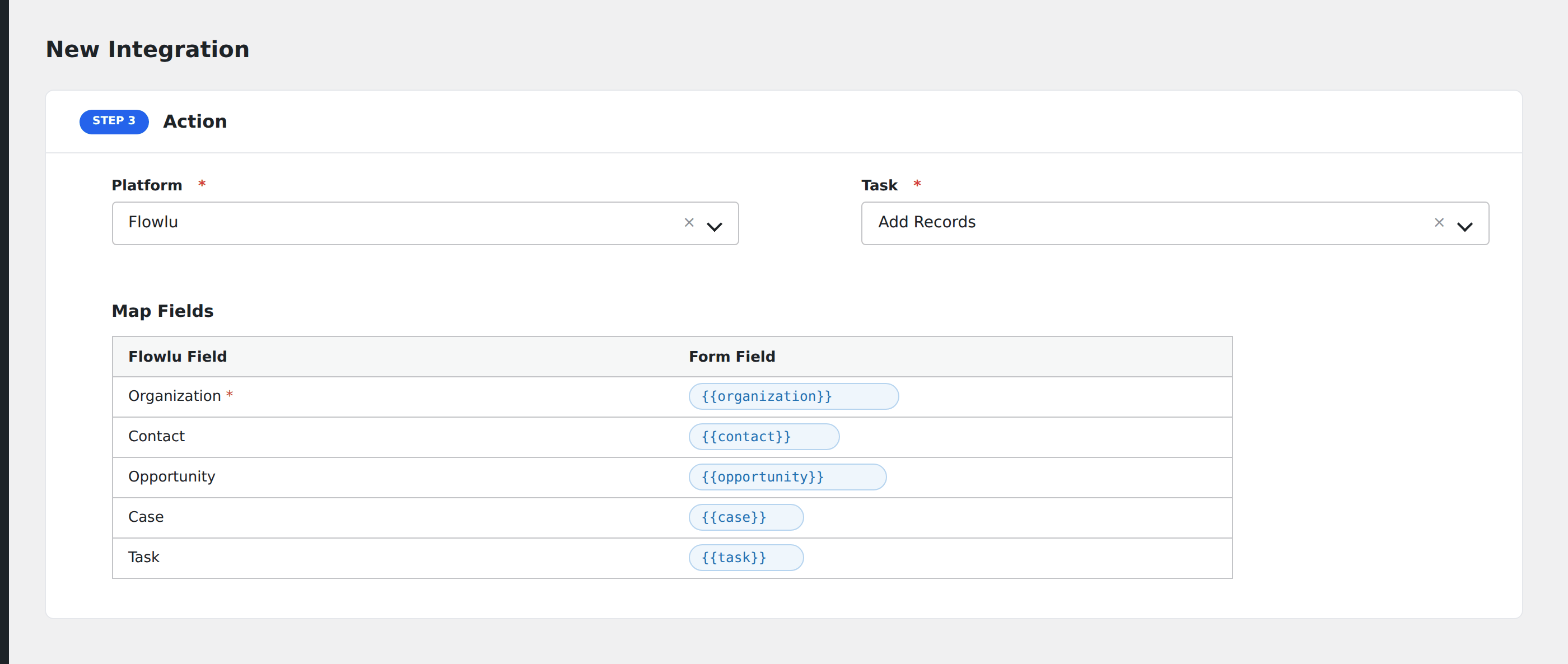 Screenshot: AFI field-mapping screen with Flowlu record types and fields visible