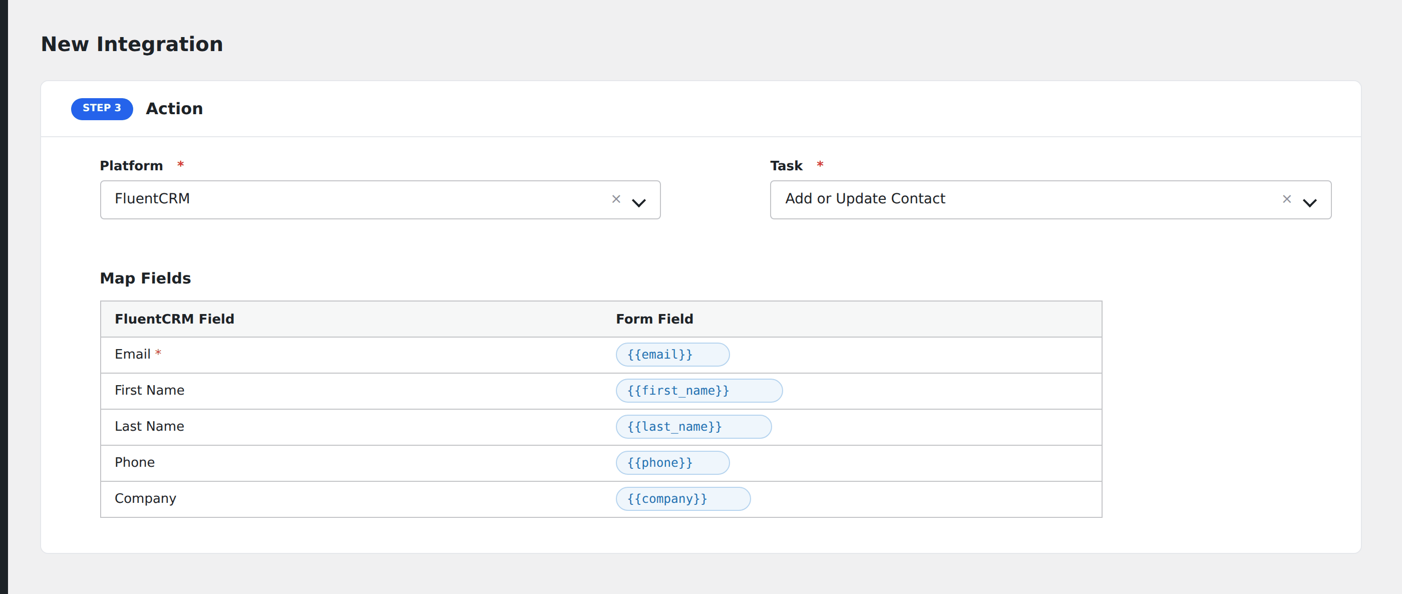Screenshot: AFI field-mapping screen with FluentCRM fields visible