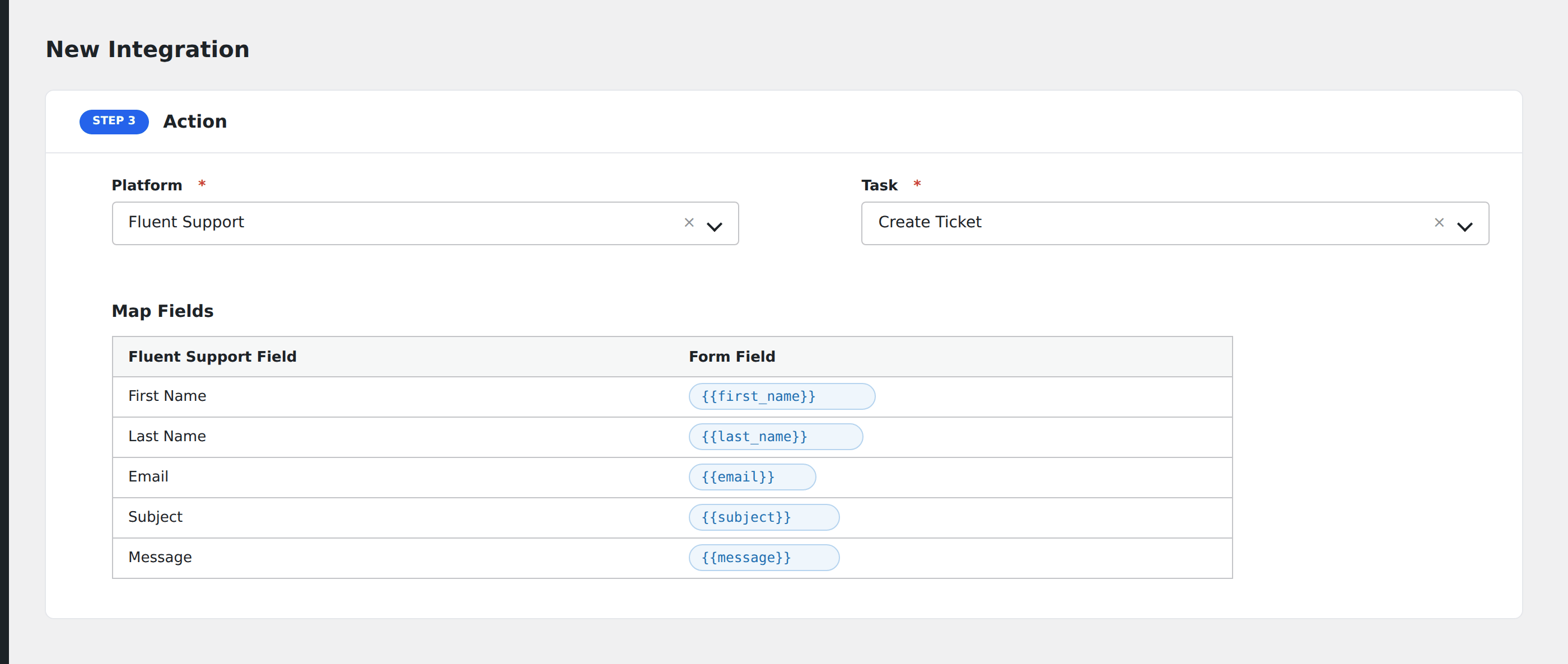 Screenshot: AFI field-mapping screen with Fluent Support fields visible