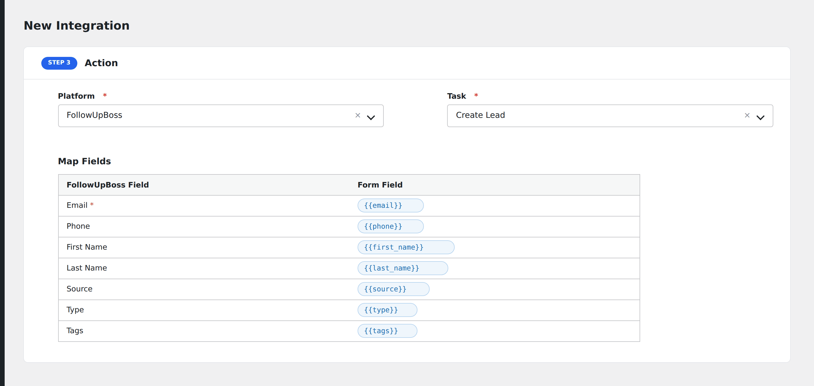 Screenshot: AFI field-mapping screen with FollowUpBoss fields visible