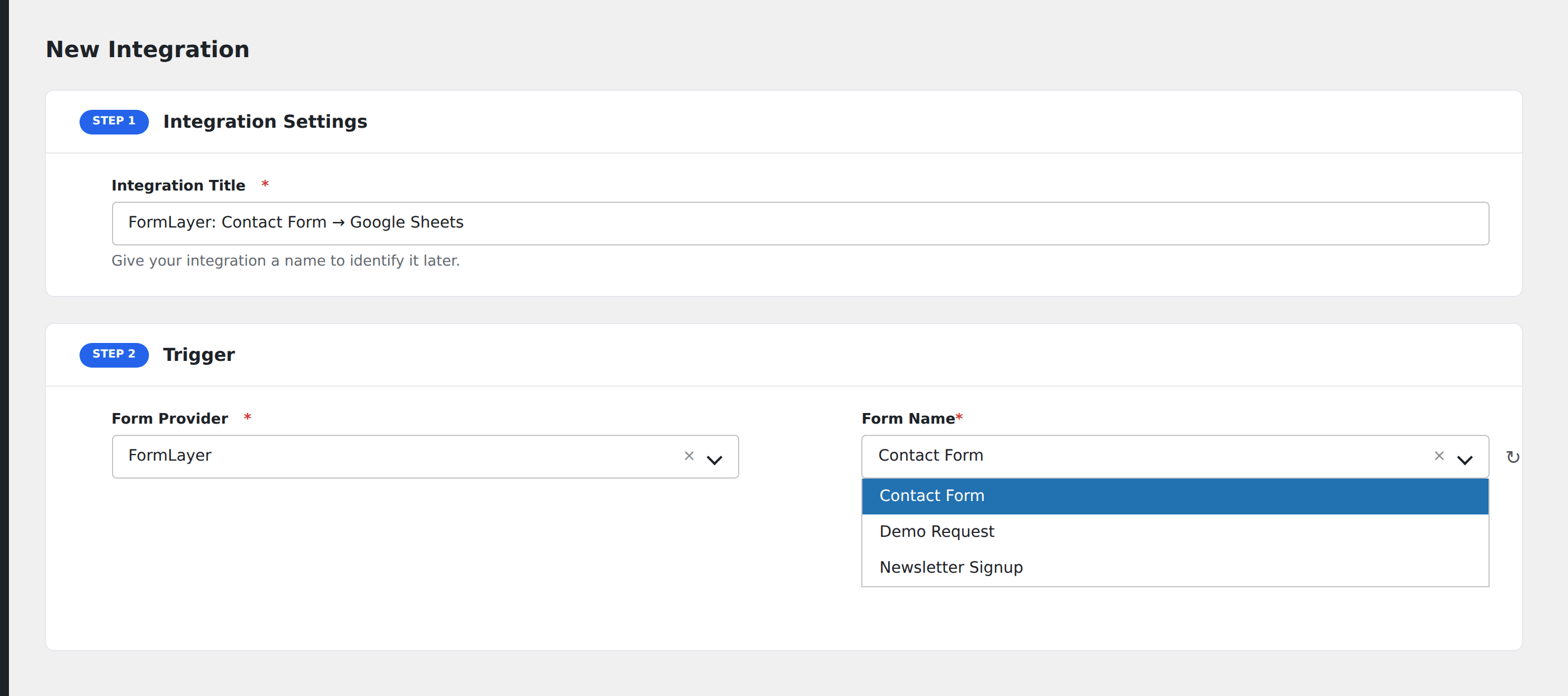 Screenshot: AFI Add New screen with FormLayer selected as the Form/Data Provider