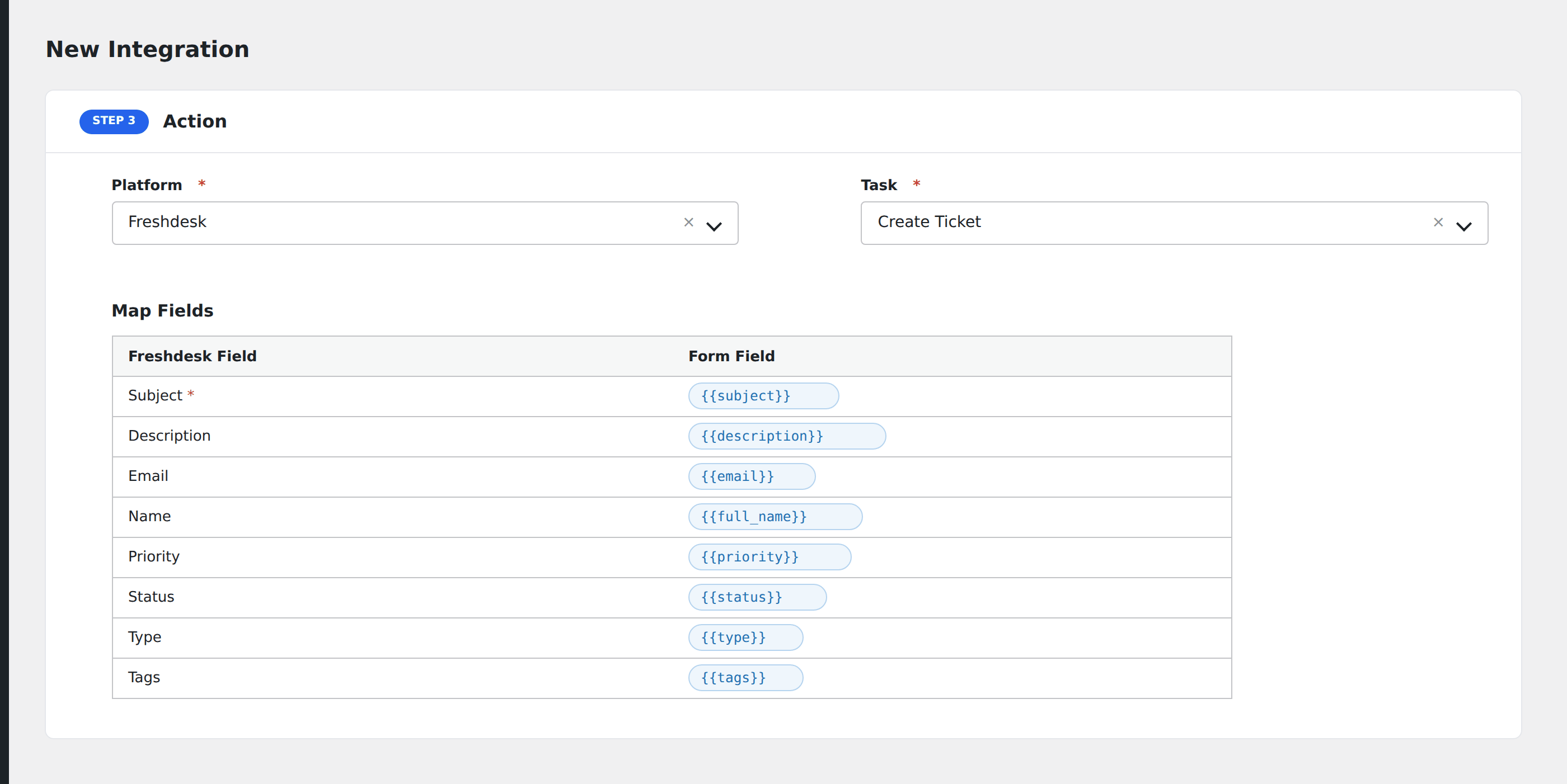 Screenshot: AFI field-mapping screen with Freshdesk ticket fields visible