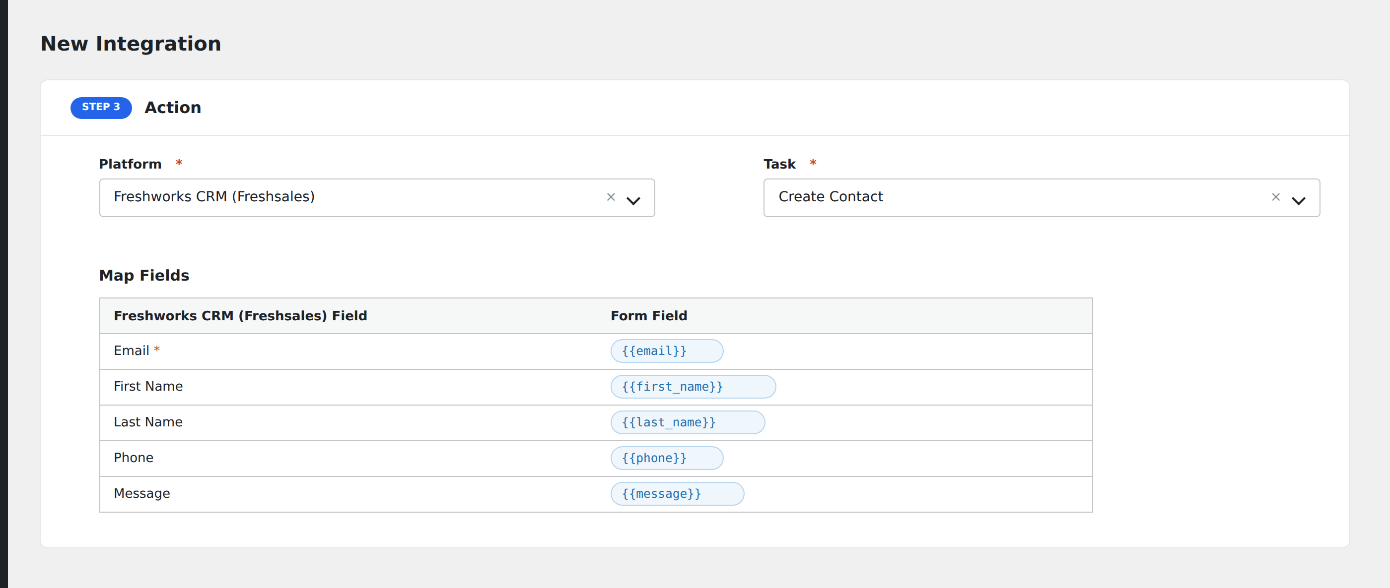 Screenshot: AFI field-mapping screen with Freshworks CRM fields visible