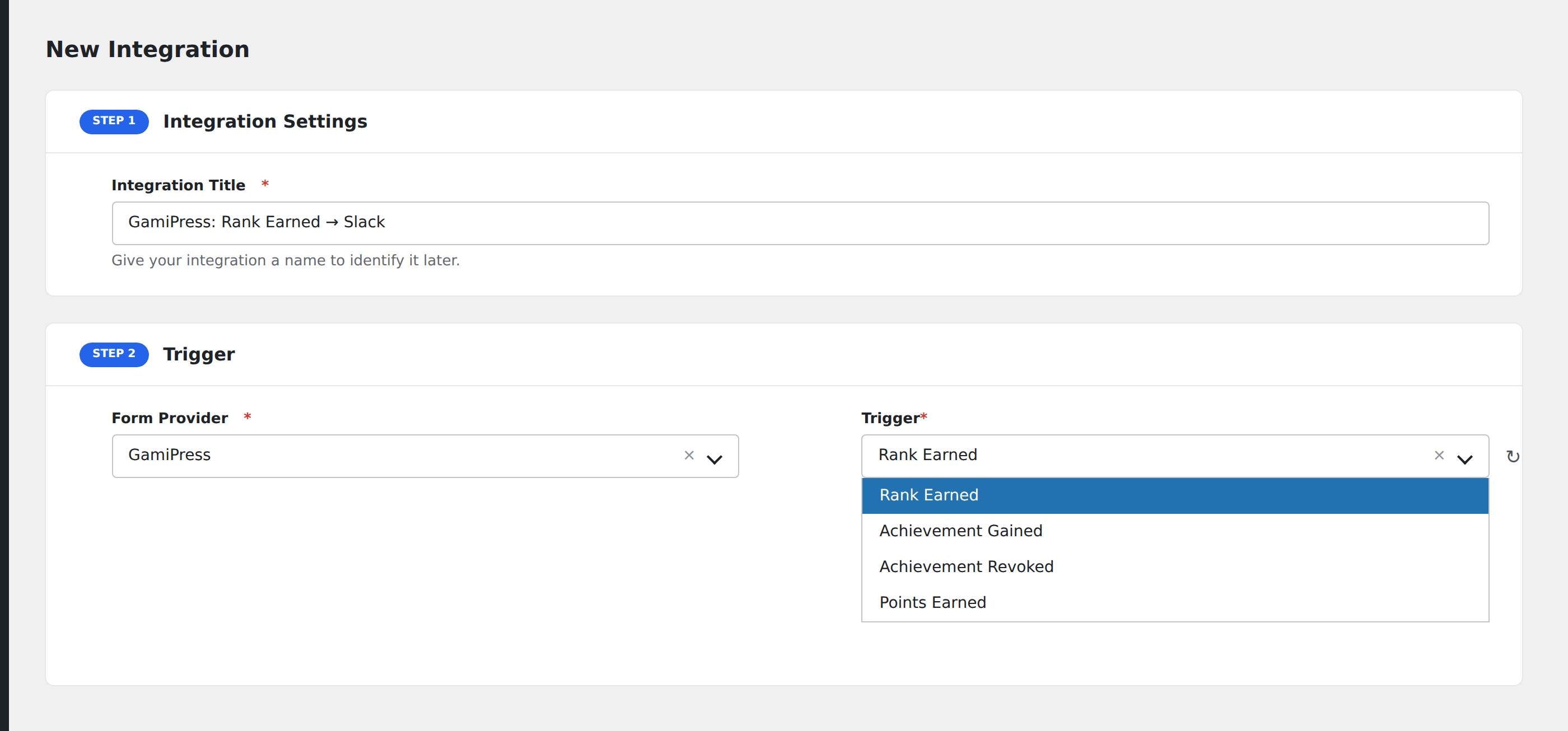 Screenshot: AFI Add New screen with GamiPress selected as the Form Provider and the available achievement events