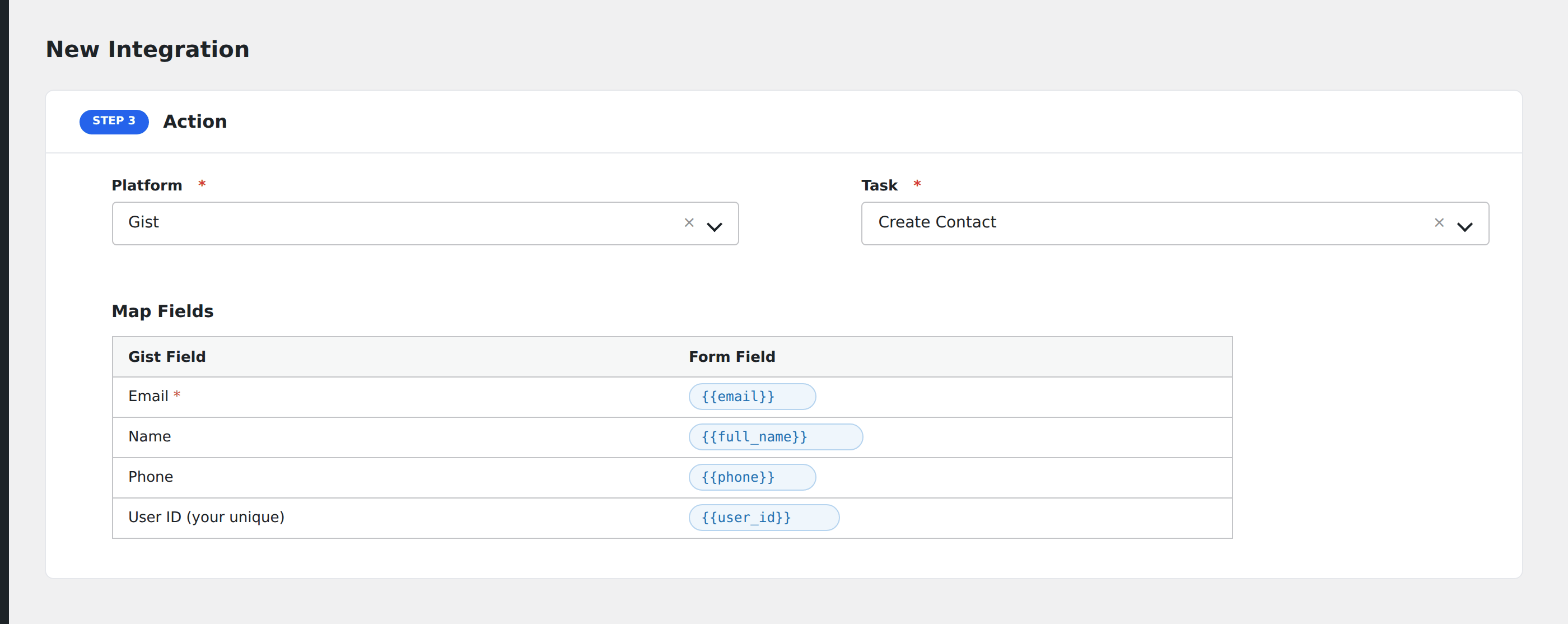Screenshot: AFI field-mapping screen with Gist contact fields visible