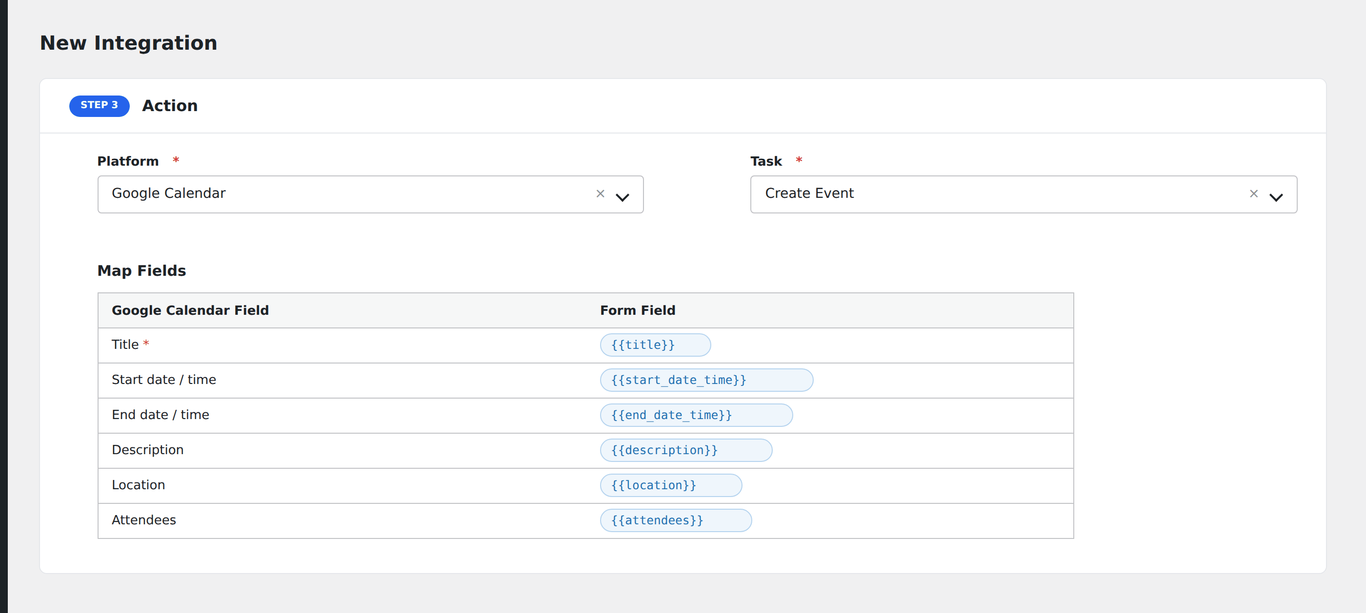 Screenshot: AFI field-mapping screen with Google Calendar event fields shown next to form field tokens