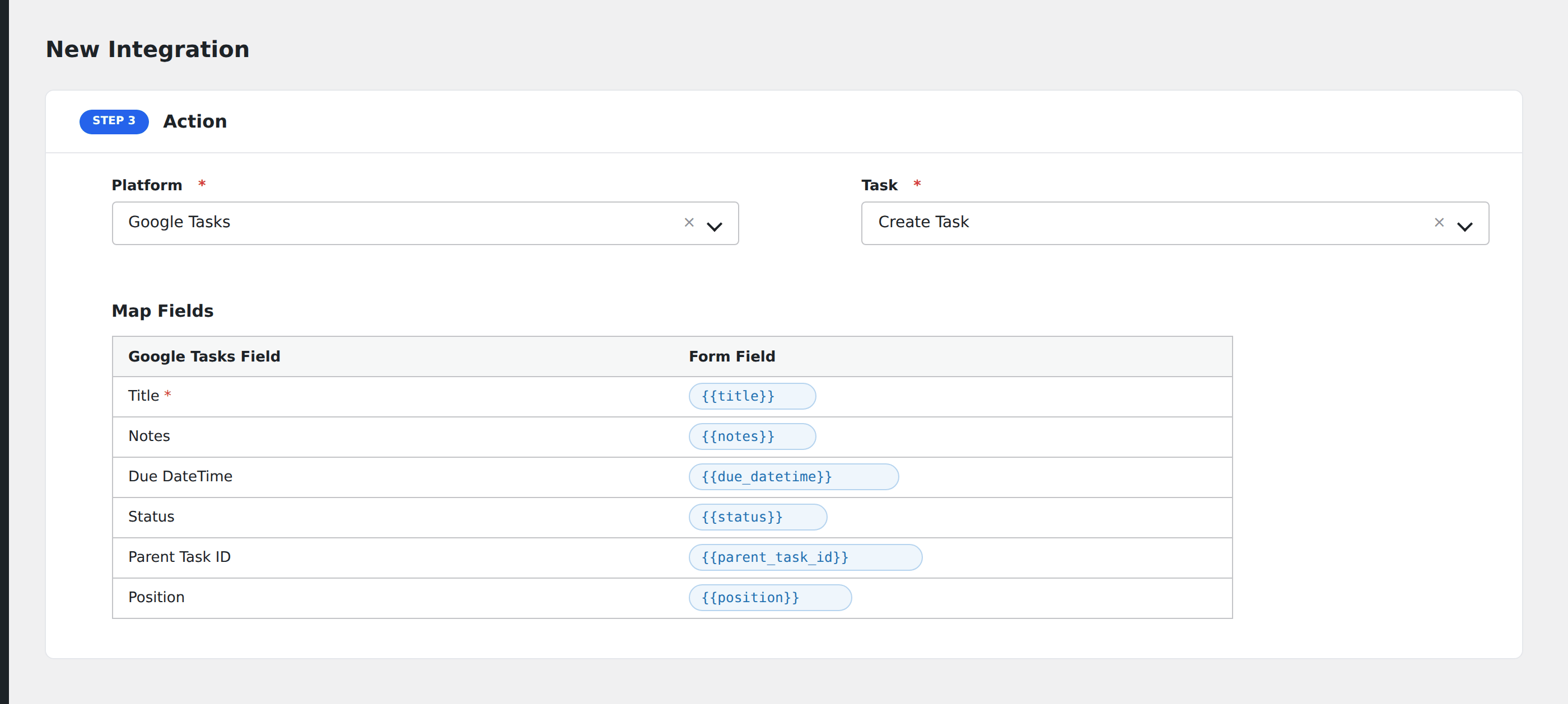 Screenshot: AFI field-mapping screen with Google Tasks list and task fields visible