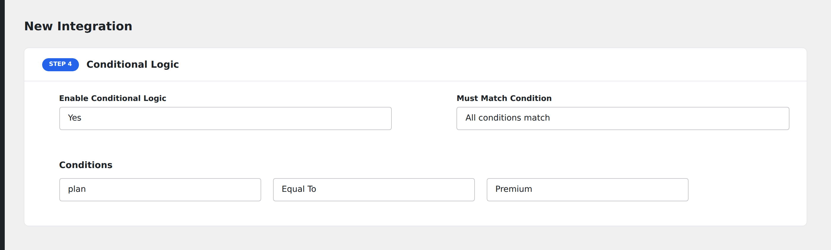 Screenshot: Gravity Forms field-mapping screen showing the conditional-logic panel with one rule on the plan field set to Equal To Premium