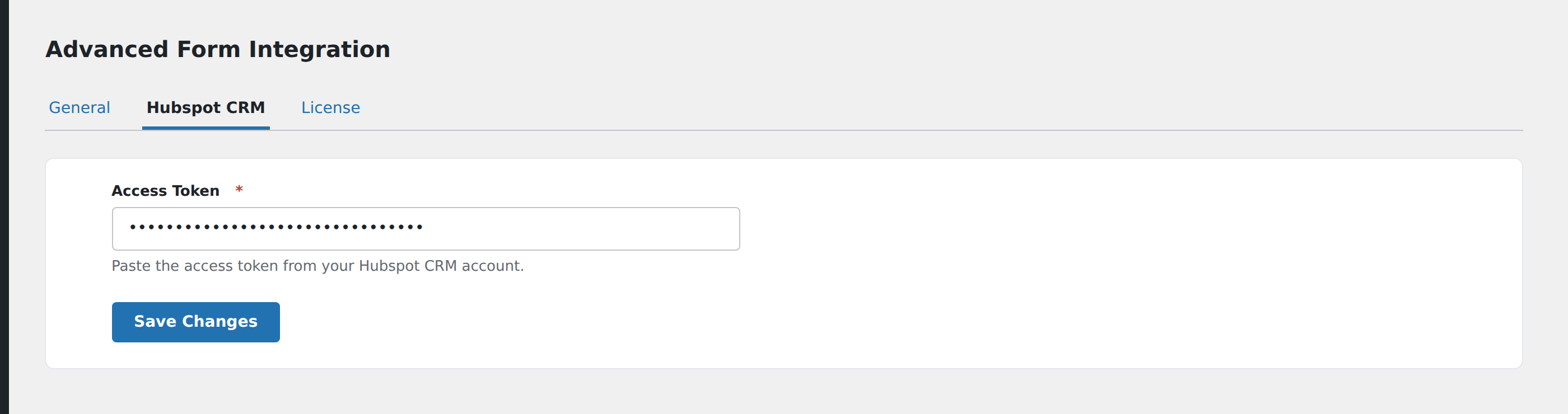 Screenshot: AFI Settings → Hubspot CRM tab with the Access Token field populated and the Save Changes button visible