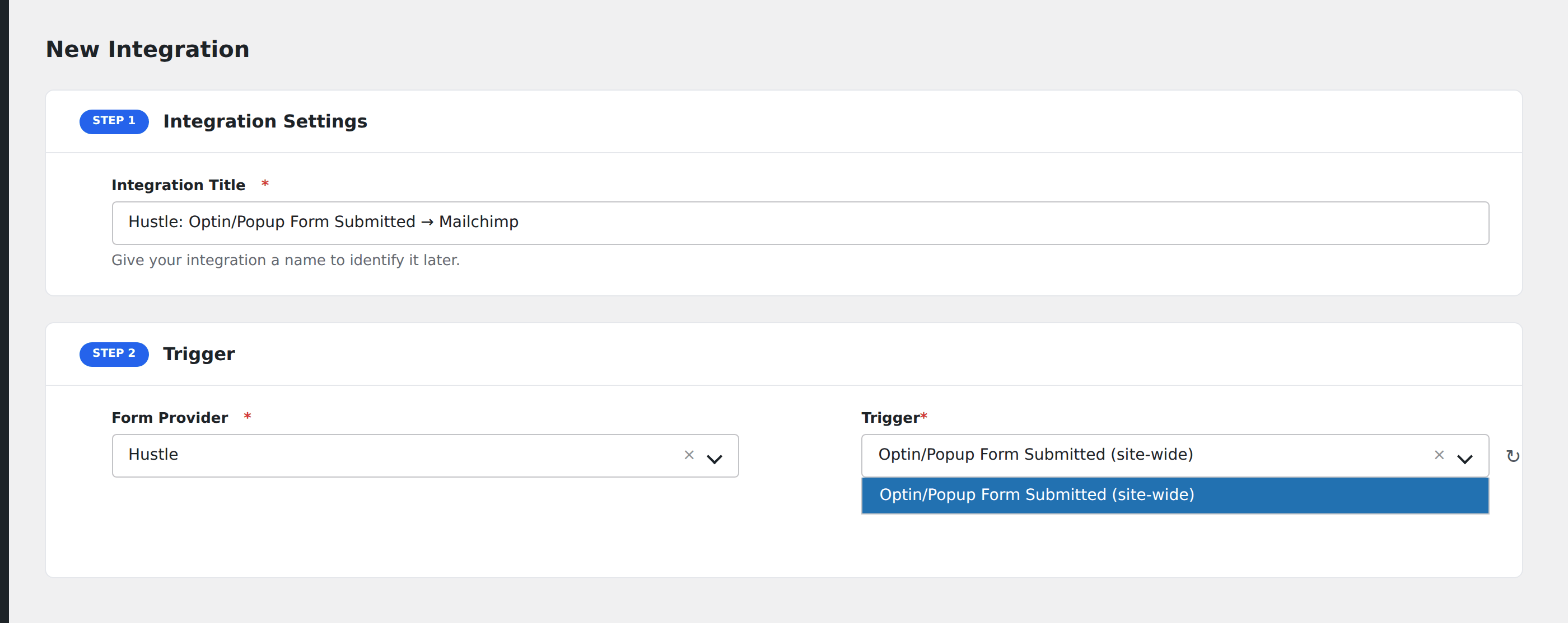Screenshot: AFI Add New screen with Hustle selected as the Form/Data Provider