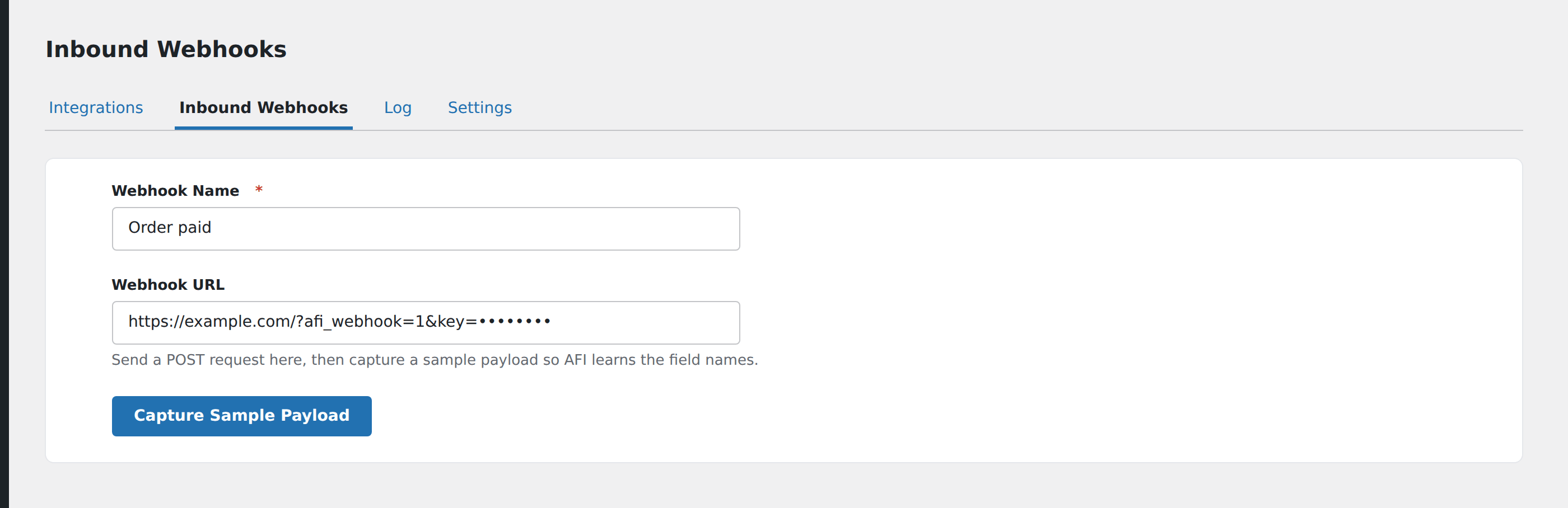 Screenshot: AFI Inbound Webhooks screen with the generated webhook URL highlighted, the Capture Sample Payload button, and a list of detected fields after a test POST